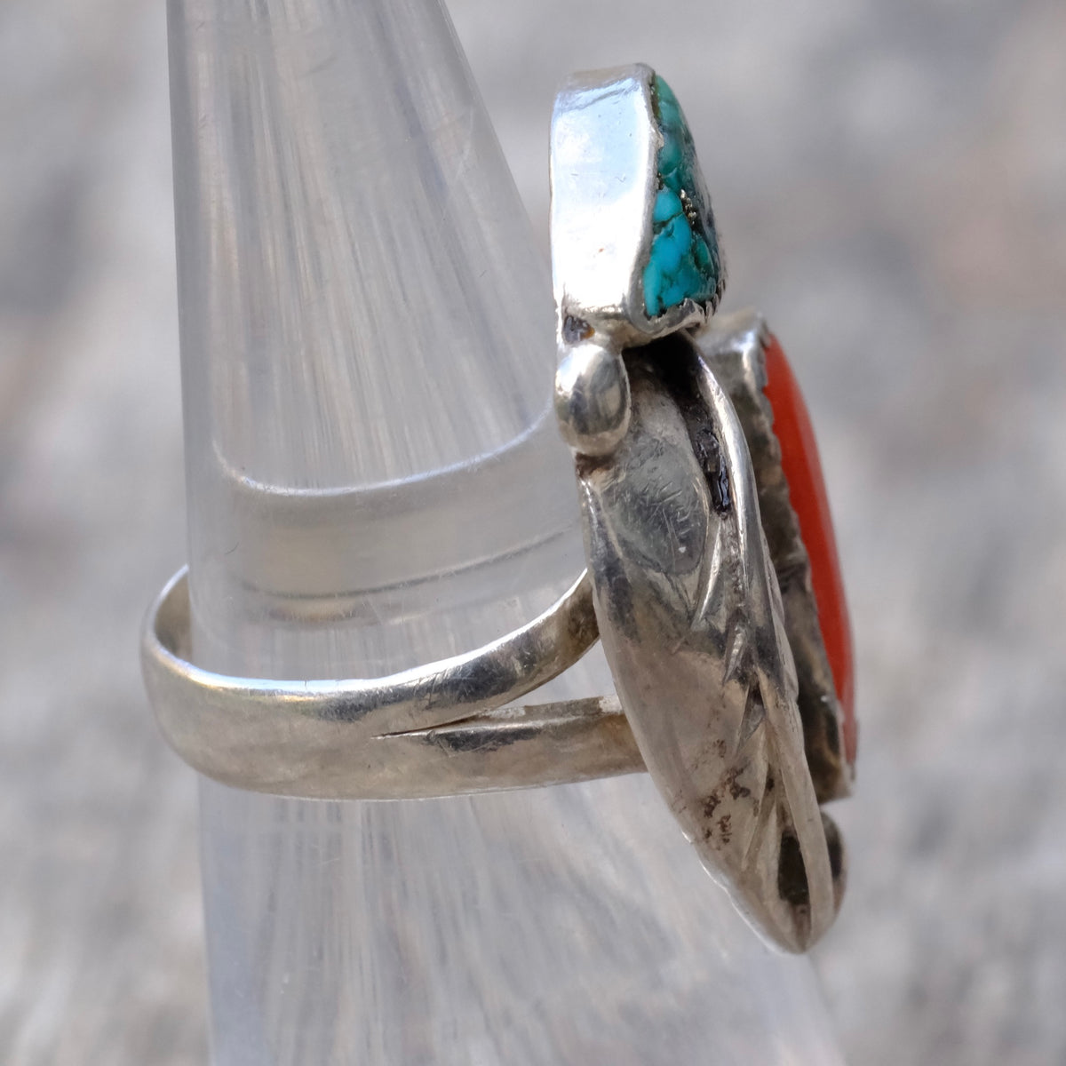 Vintage Sterling Turquoise and Coral Feather Ring 5