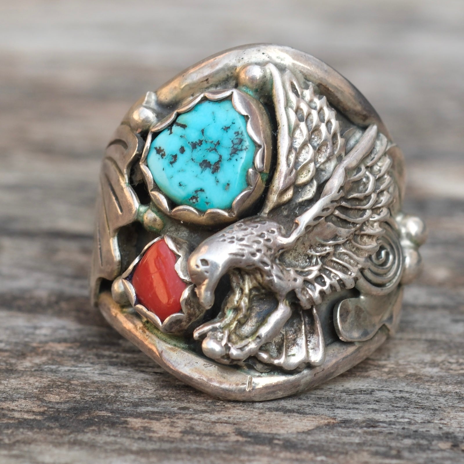 Vintage Sterling Turquoise and Coral Eagle Ring 10
