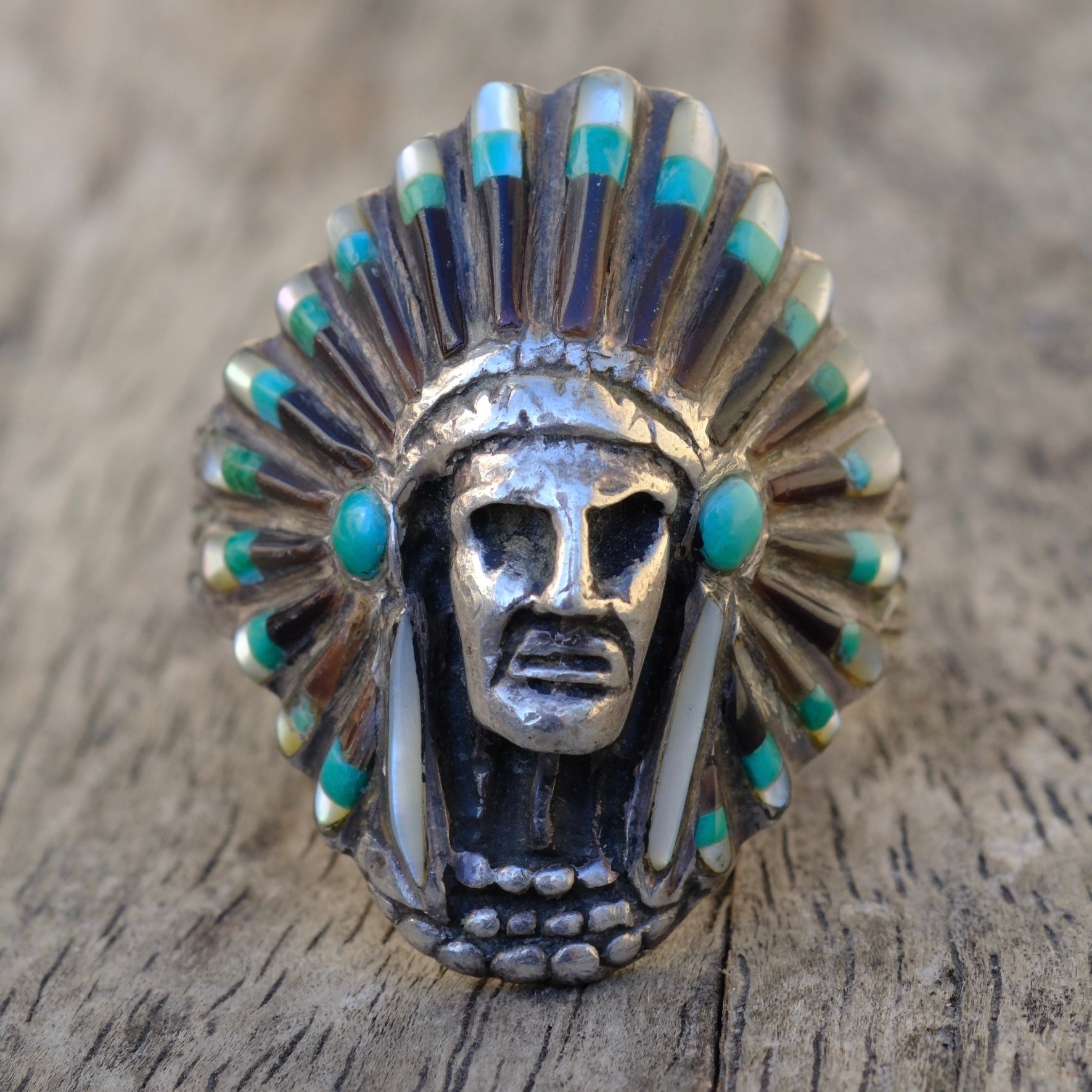 Vintage Sterling Big Chief Inlay Ring 11.25