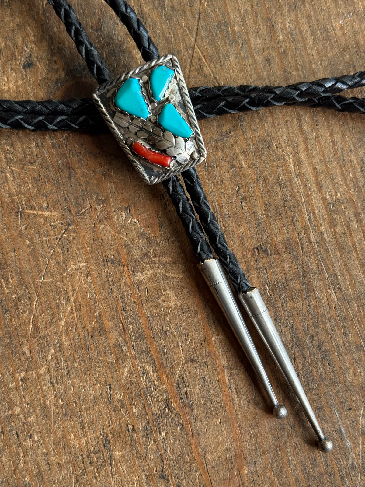 Vintage Sterling Silver Turquoise & Coral Shield Bolo