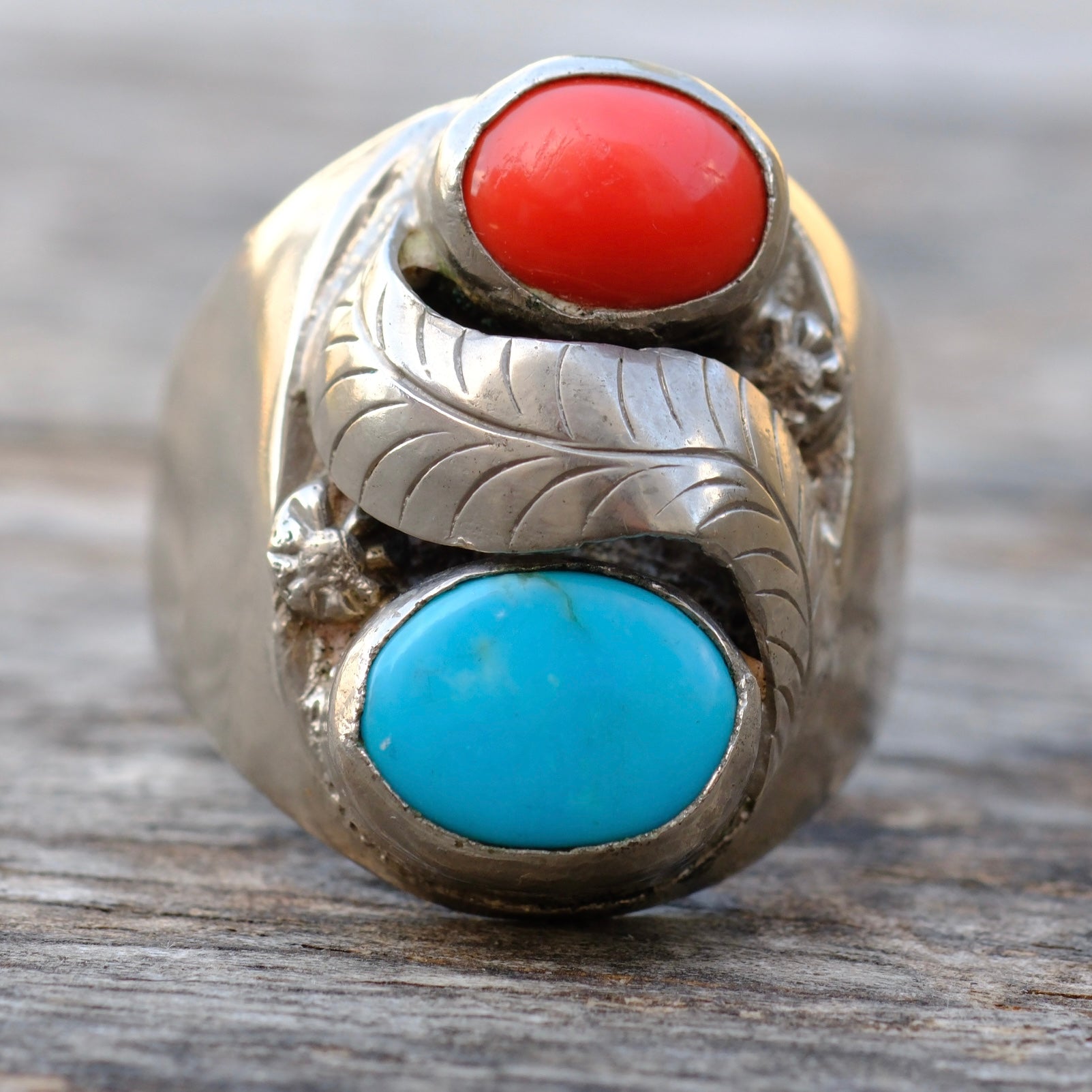 Vintage Sterling Turquoise and Coral Ring 11.5