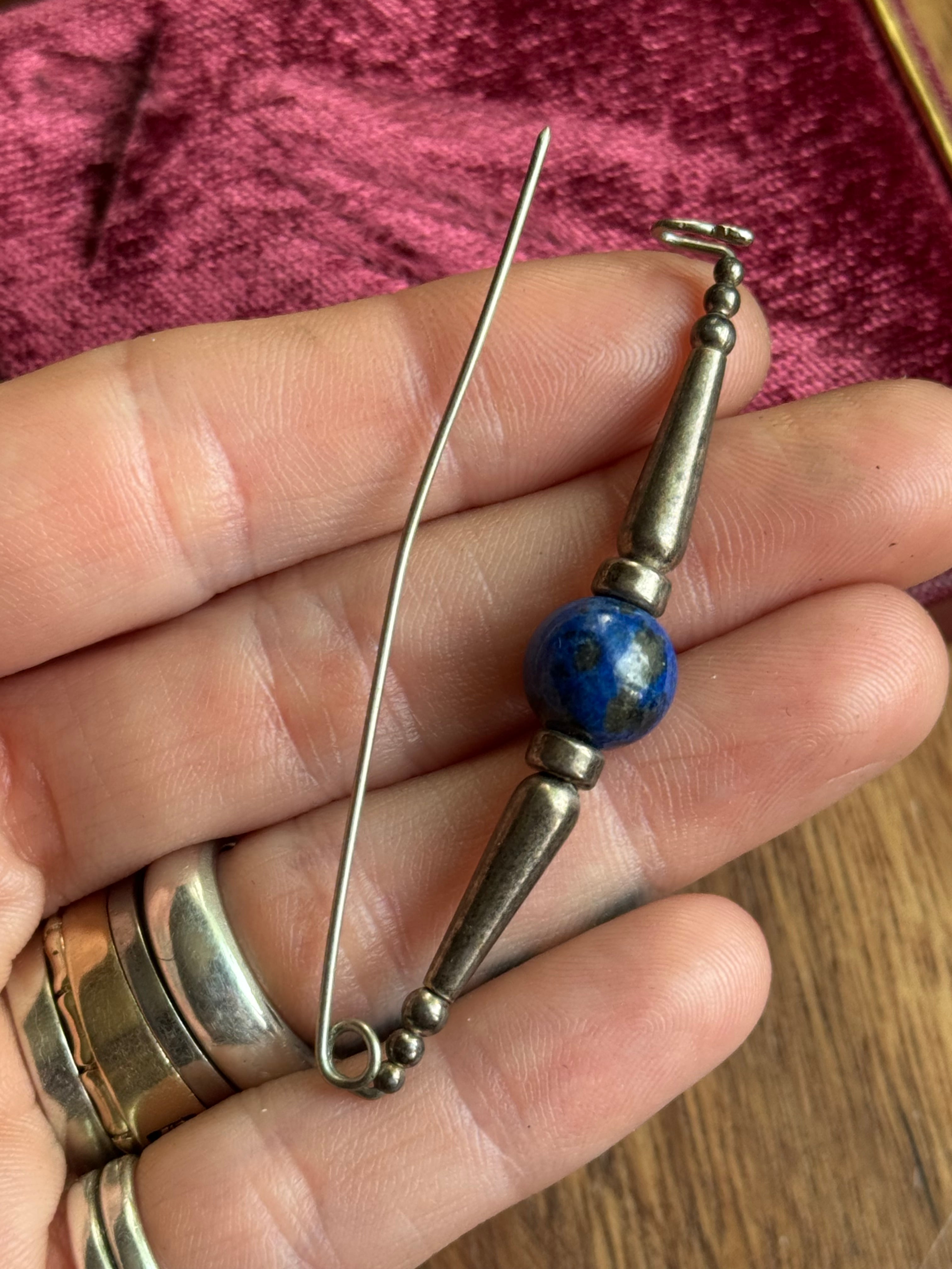 Vintage Sterling Silver Lapis Lazuli Safety Pin