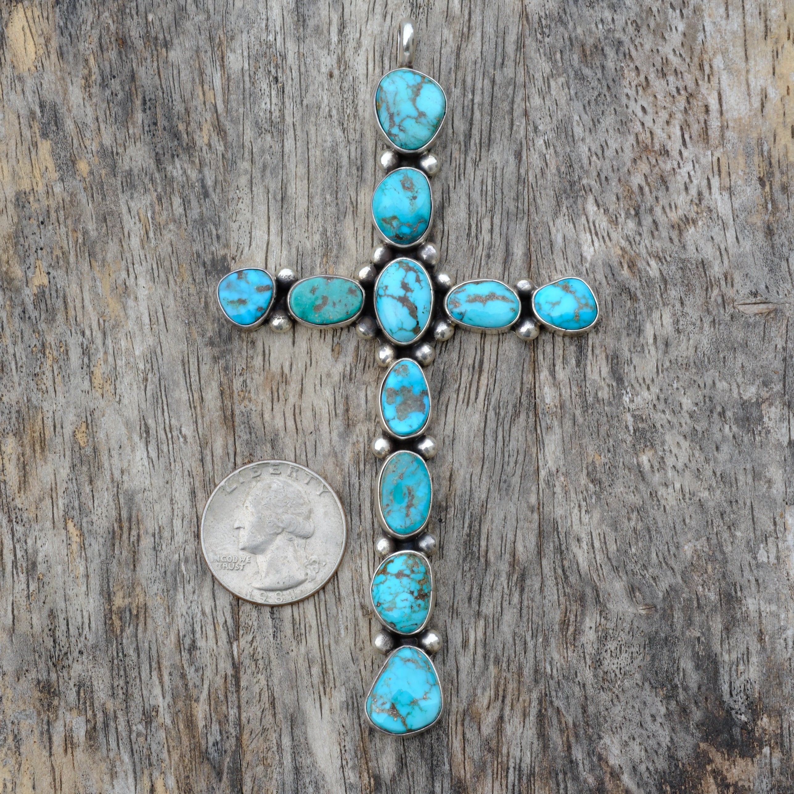 HUGE Vintage Sterling Turquoise Cluster Cross Pendant