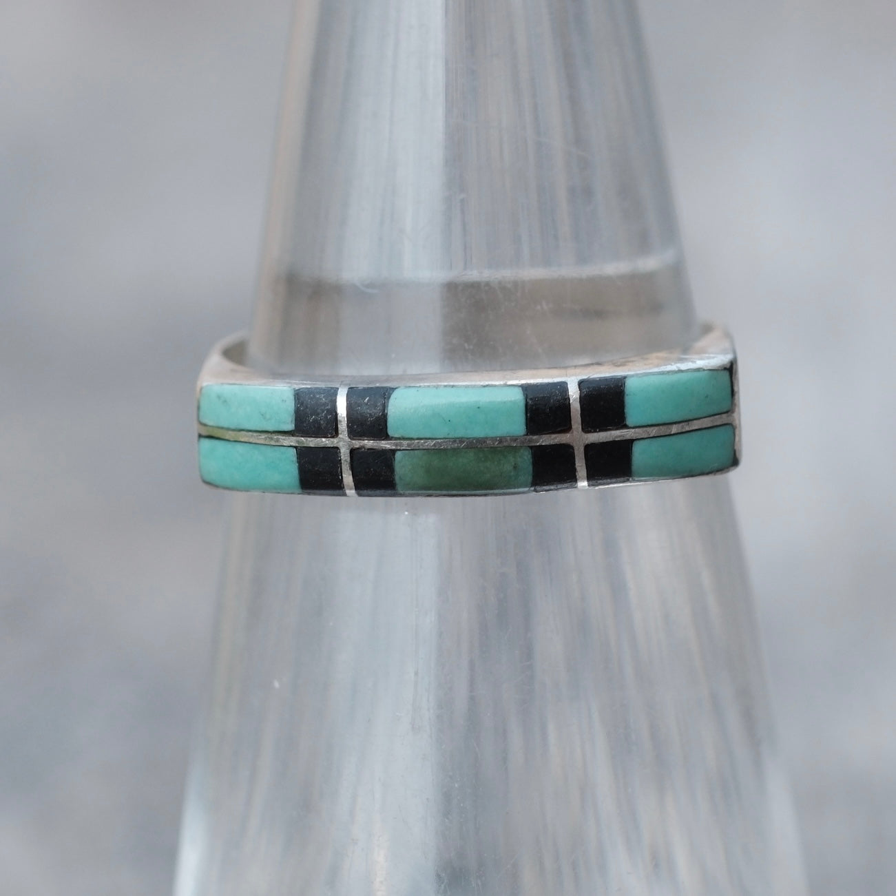 Vintage Sterling Turquoise and Onyx Inlay Band Ring 4