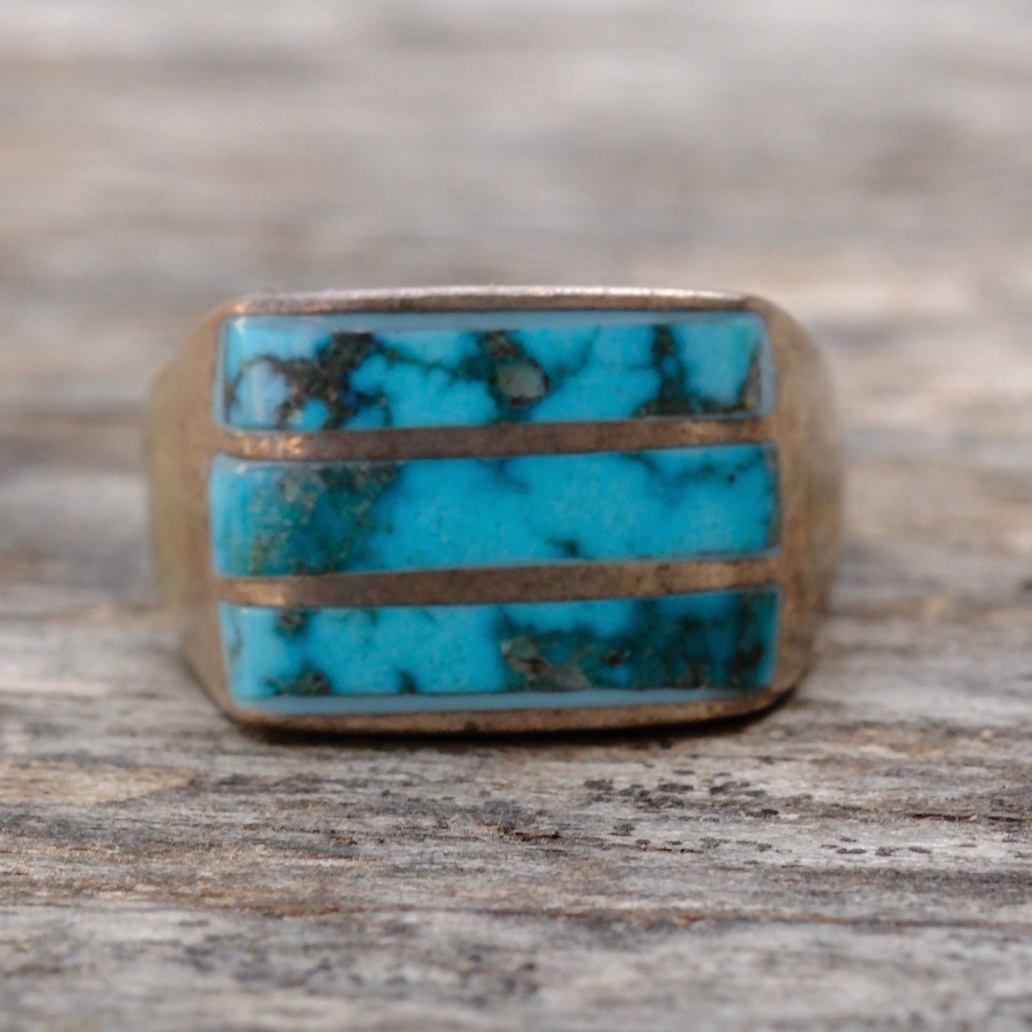 Vintage Sterling Turquoise Inlay Striper Ring 8.75