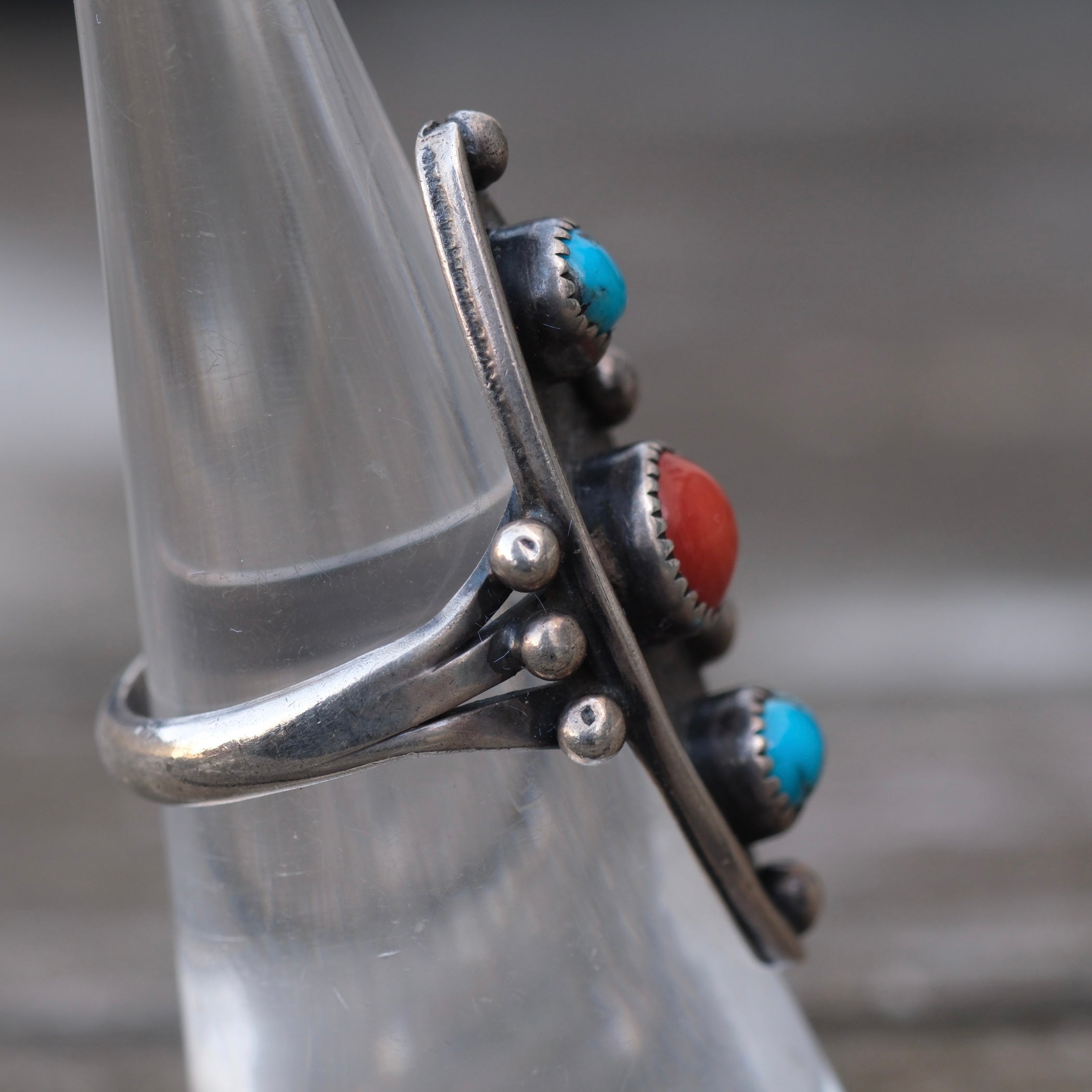 Vintage Sterling Turquoise and Coral Ring 6.5