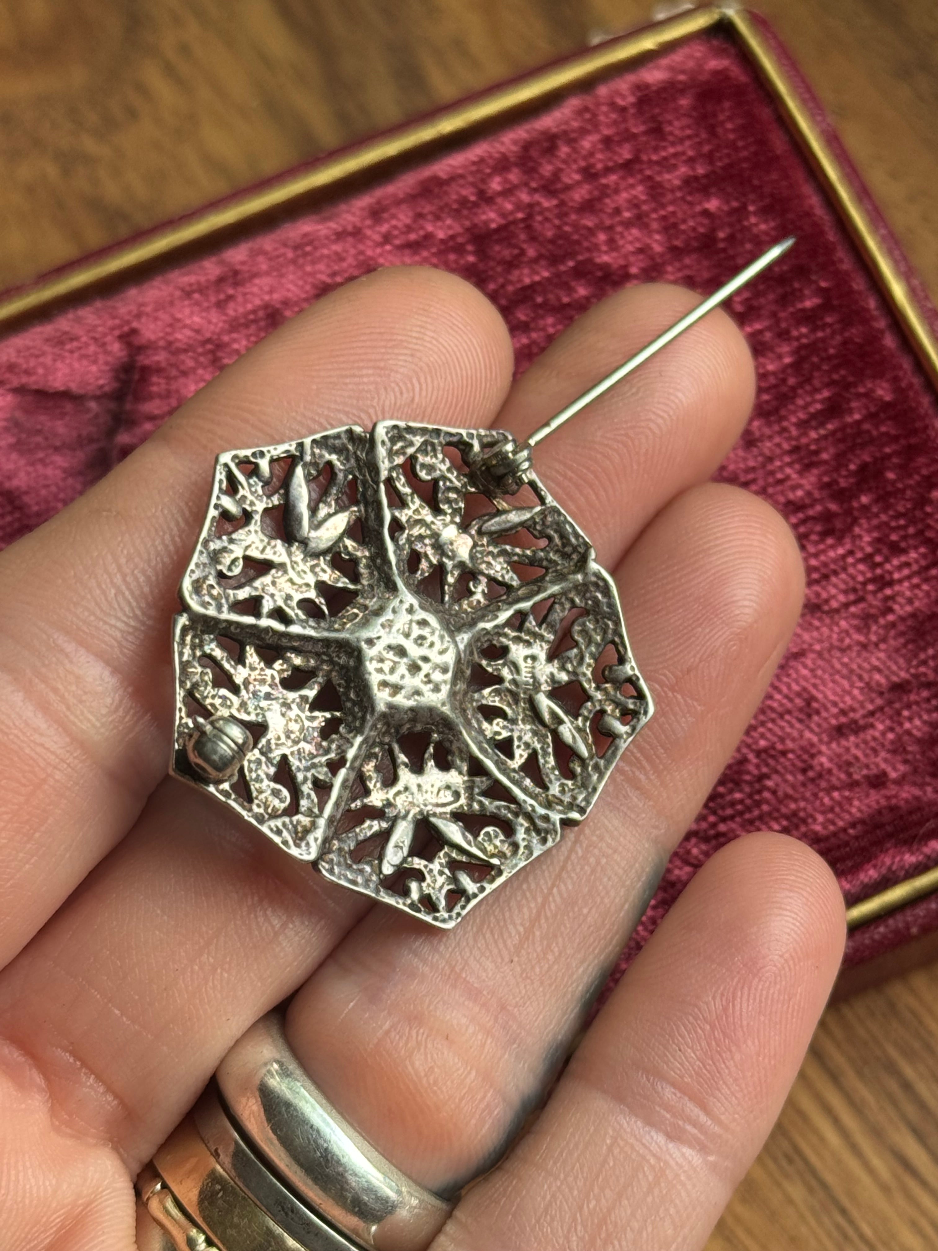 Vintage Sterling Silver Block Turquoise Filigree Flower Pin