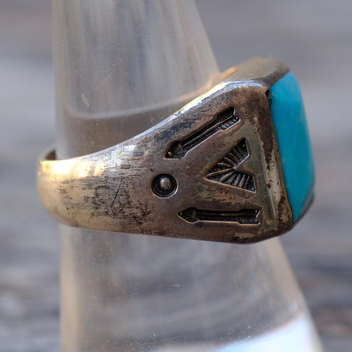Vintage Sterling Turquoise Stamped Arrows Trading Post Ring Ring 8.75