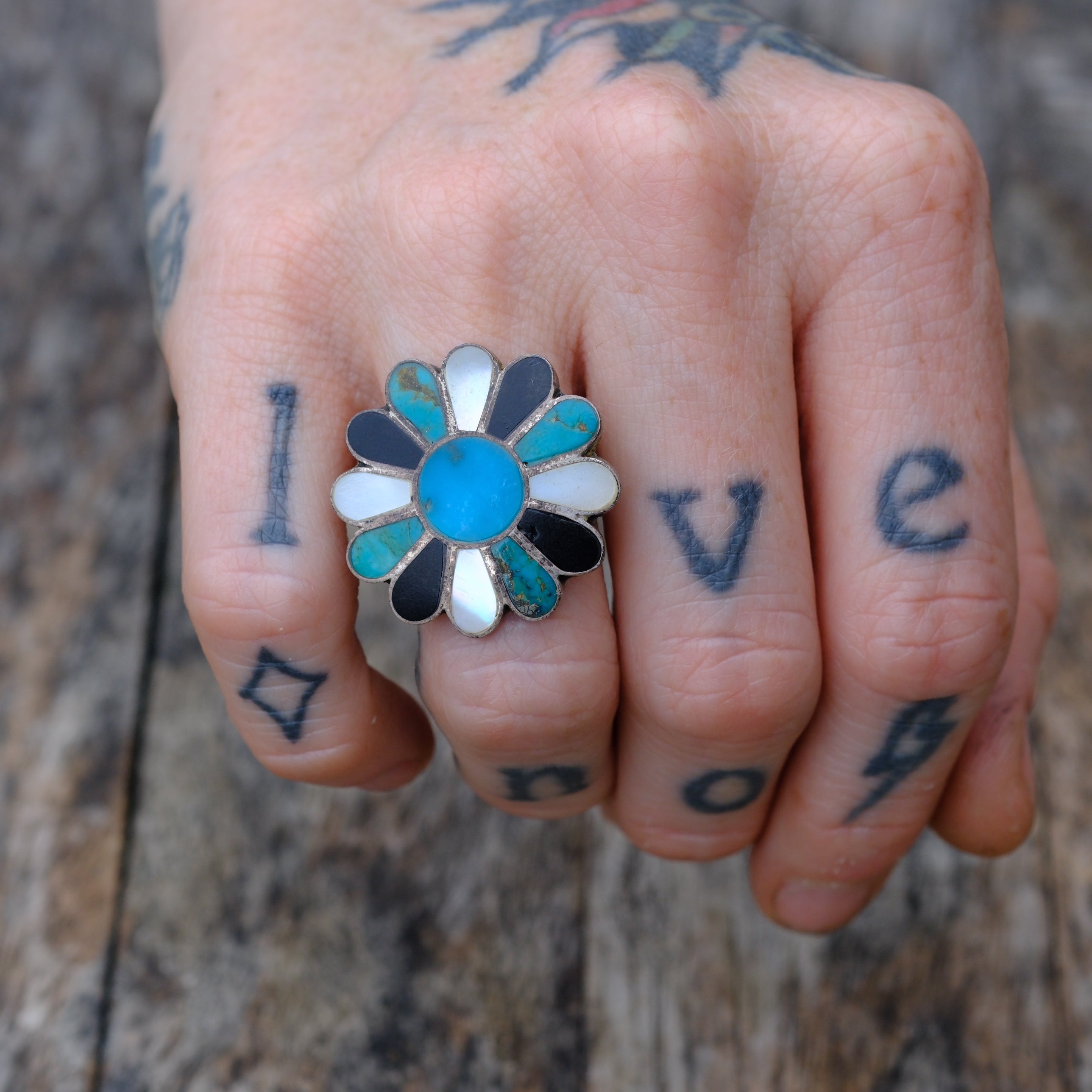 Vintage Sterling Multistone Inlay Flower Ring 4.5