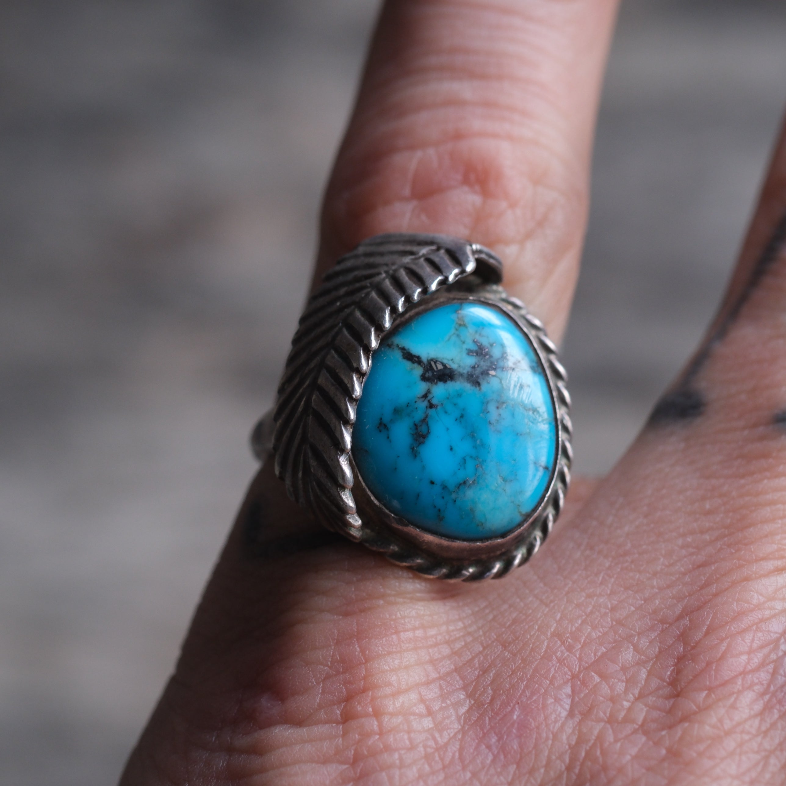 Vintage Sterling Turquoise Feather Ring 5.75