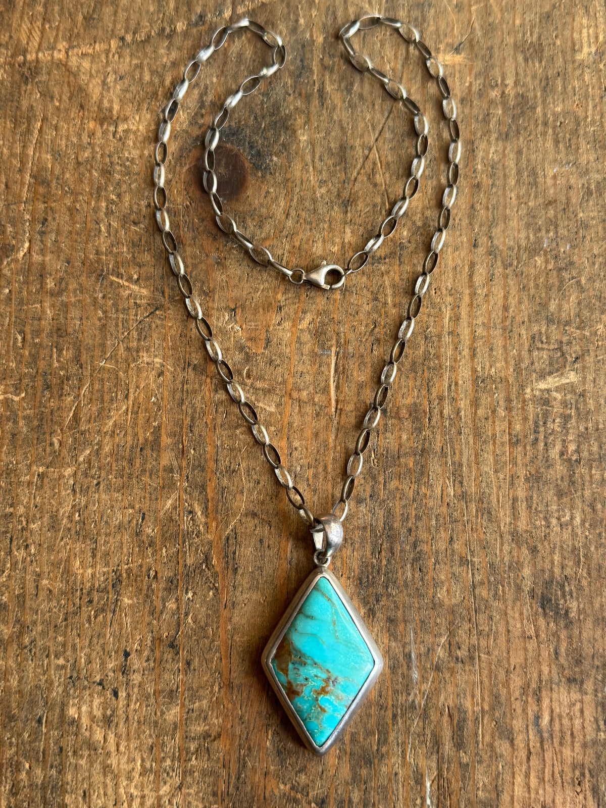 Vintage Sterling Silver Chunky Turquoise Diamond Necklace