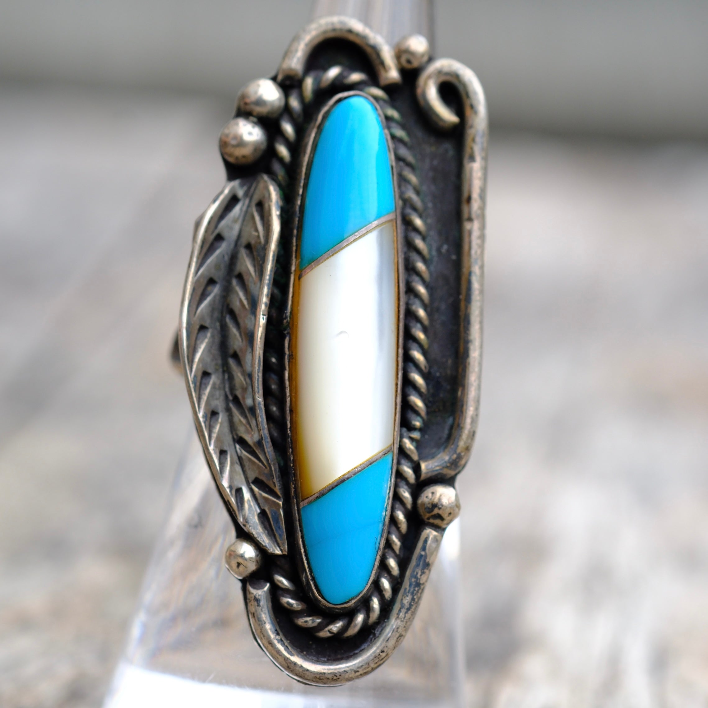 Vintage Sterling Turquoise and Mother Of Pearl Feather Ring 6.25