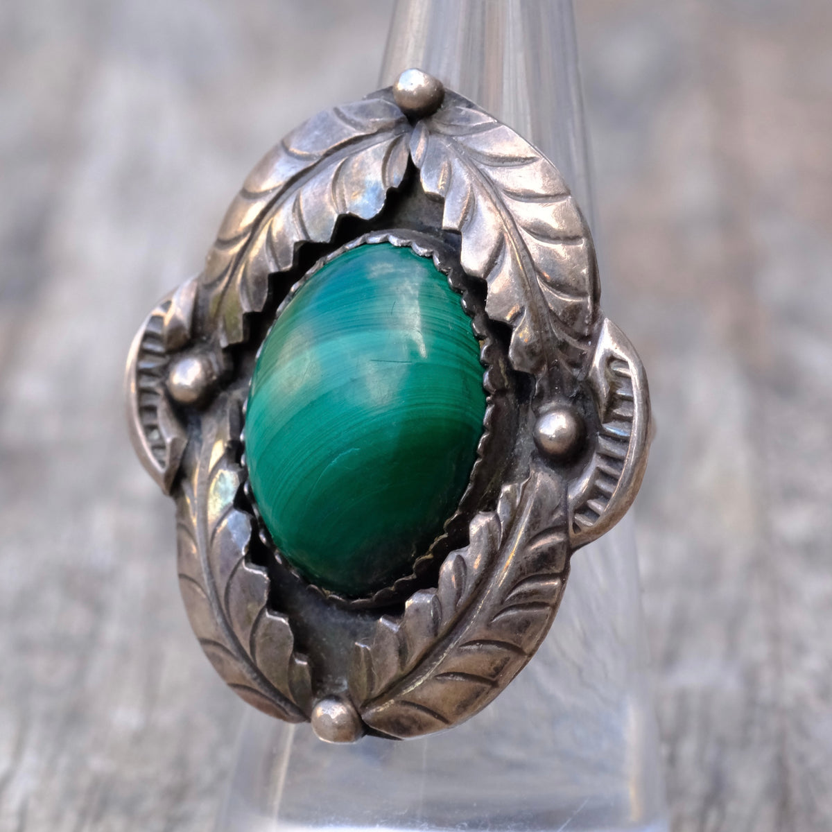 Vintage Sterling Malachite Feather Ring 6