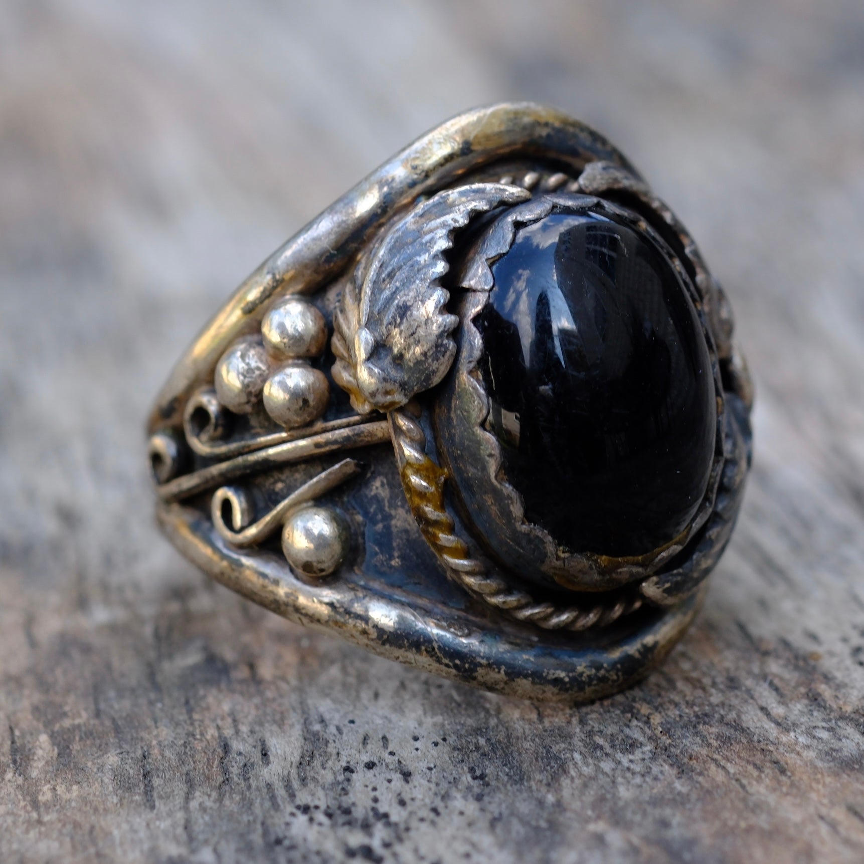 Vintage Sterling Onyx Feather Ring 11.25