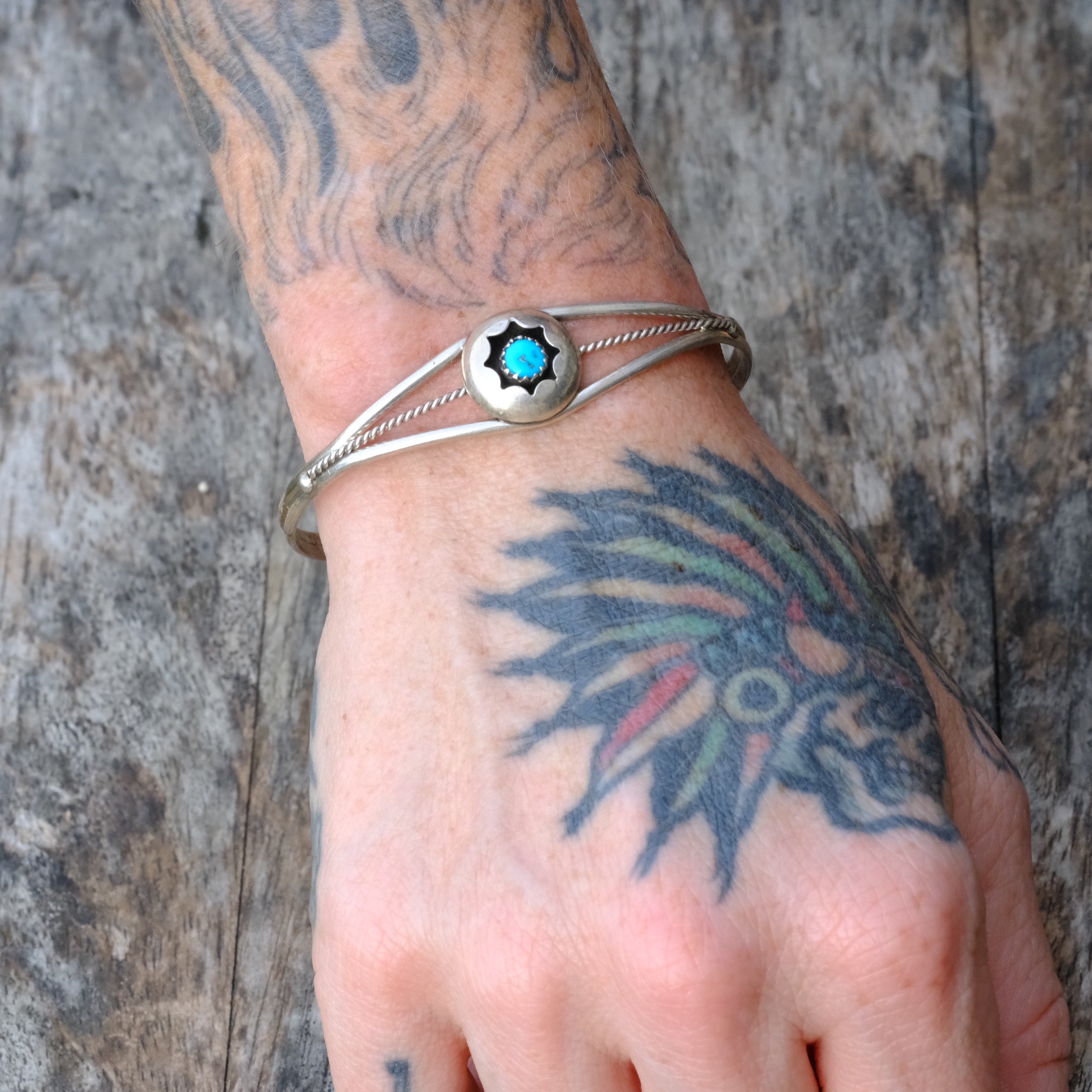 Vintage Sterling Turquoise Shadowbox Cuff Bracelet