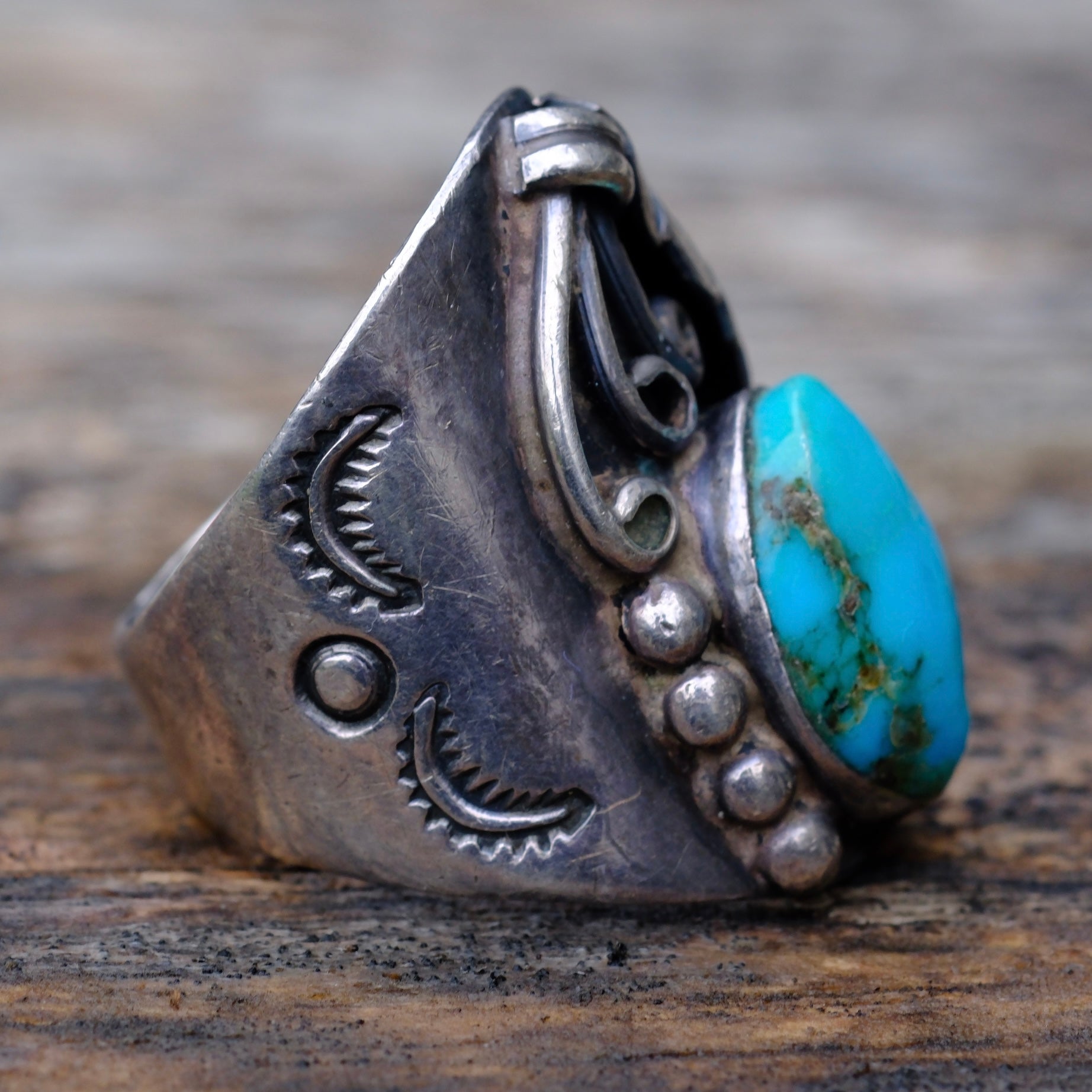 Vintage Sterling Turquoise Feather Ring 9.5