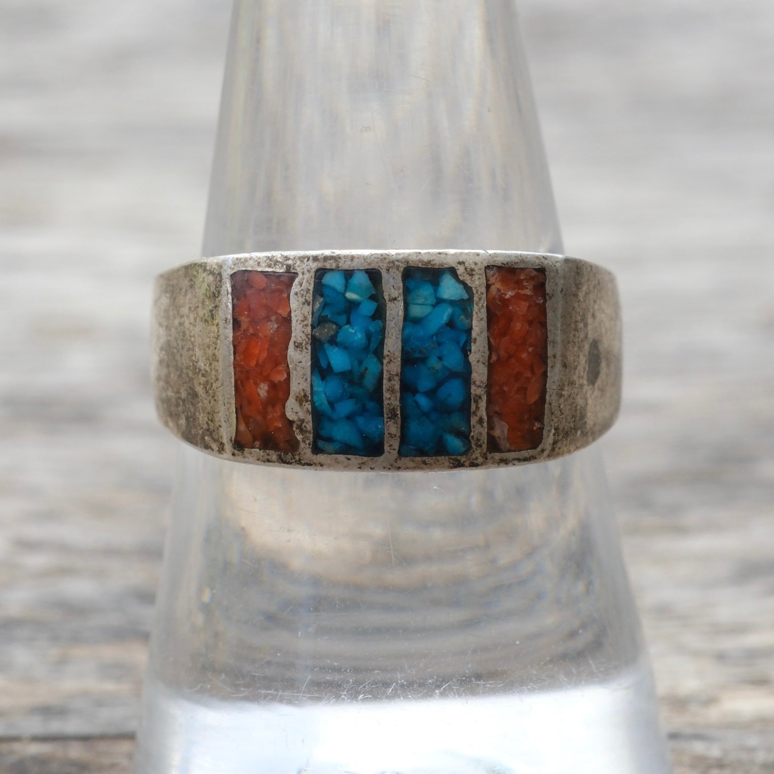 Vintage Sterling Turquoise and Coral Inlay Ring 9