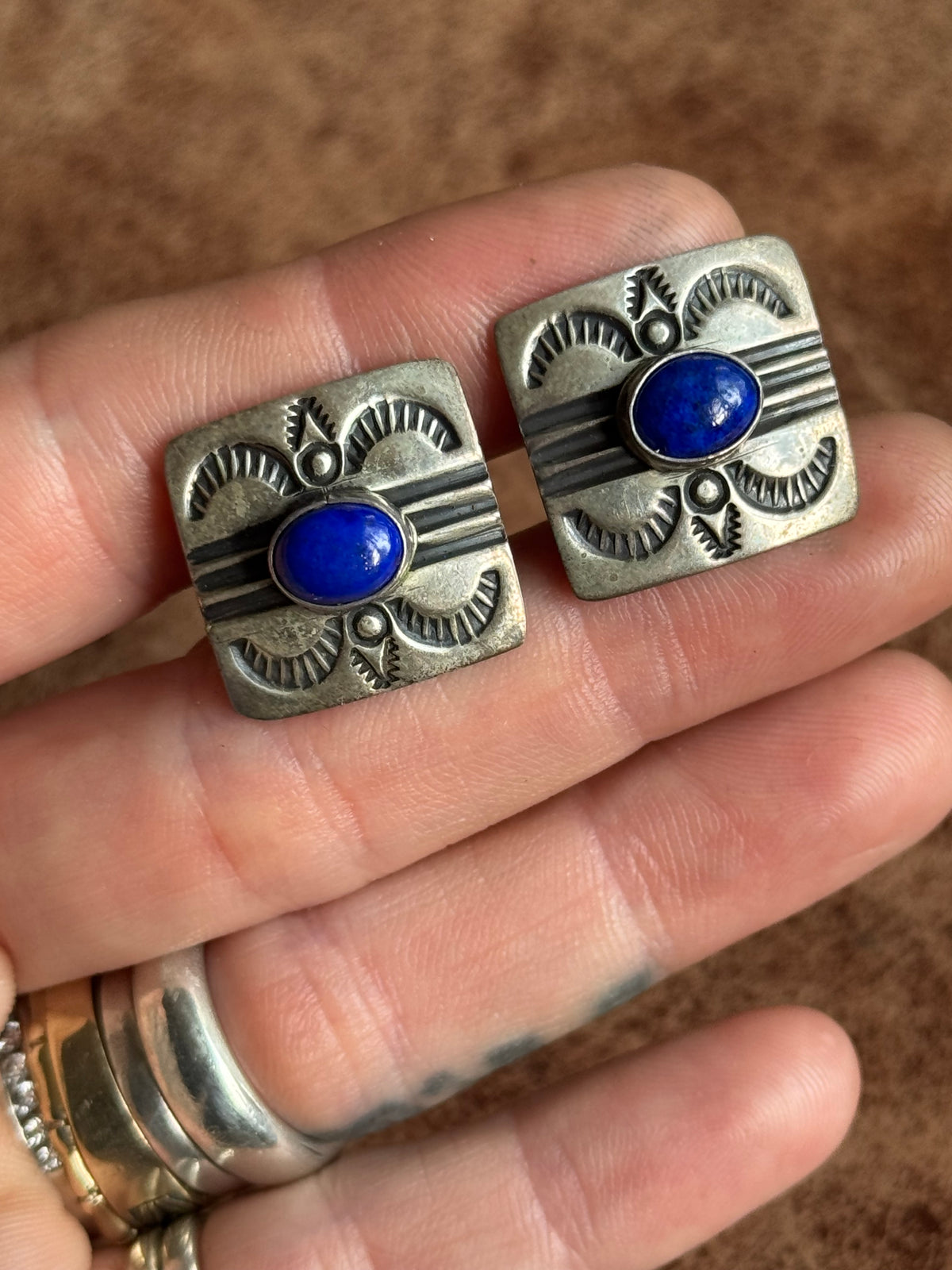 Vintage Sterling Silver Stamped Lapis Square Cufflinks