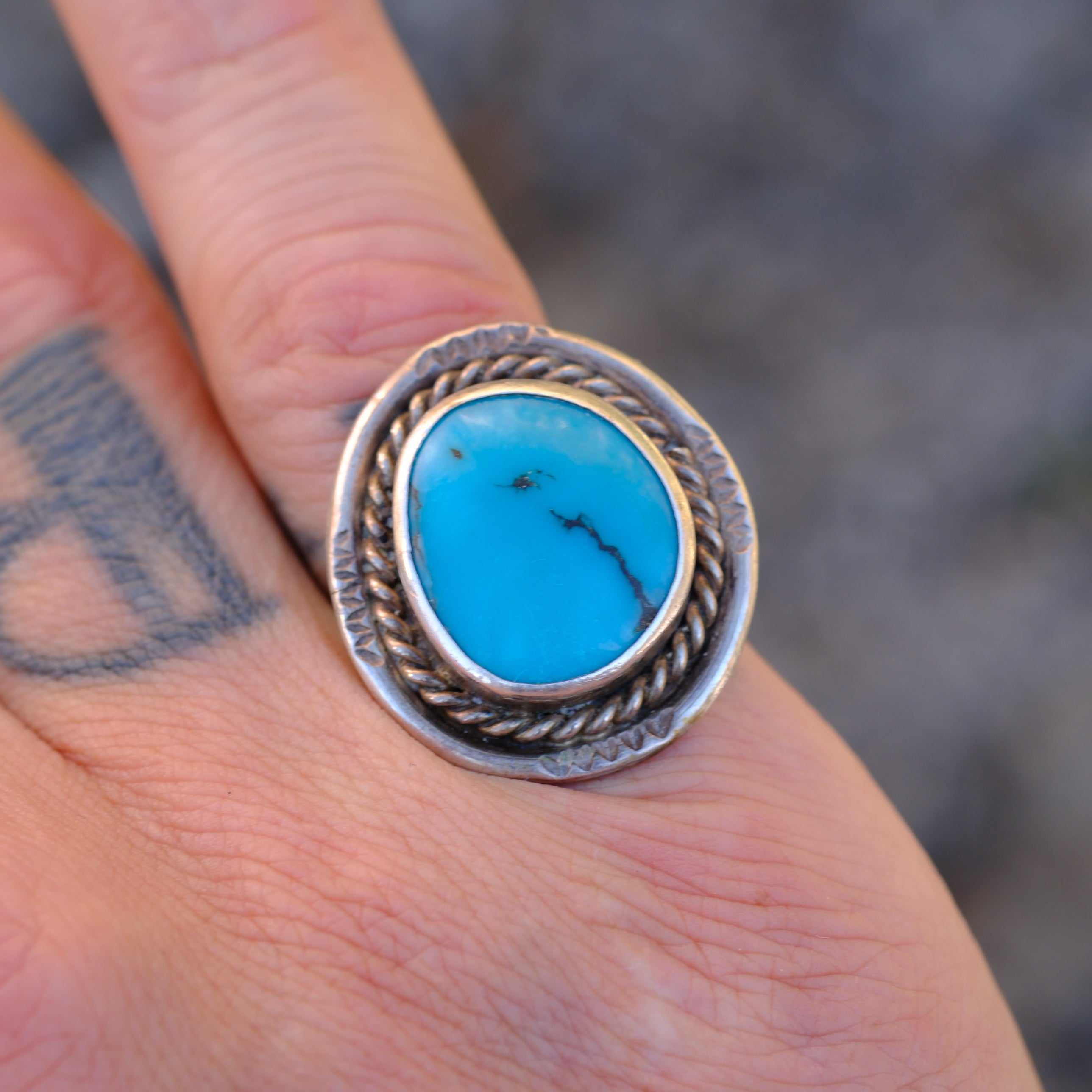 Vintage Sterling Turquoise Roper Ring 7.5