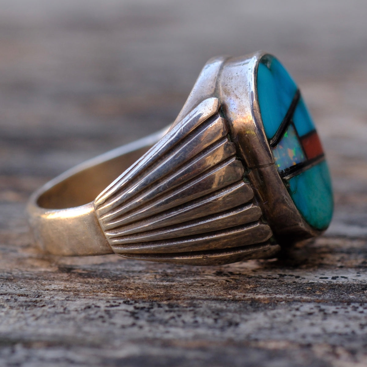 Vintage Sterling Multistone Inlay RIbbed Band Ring 10