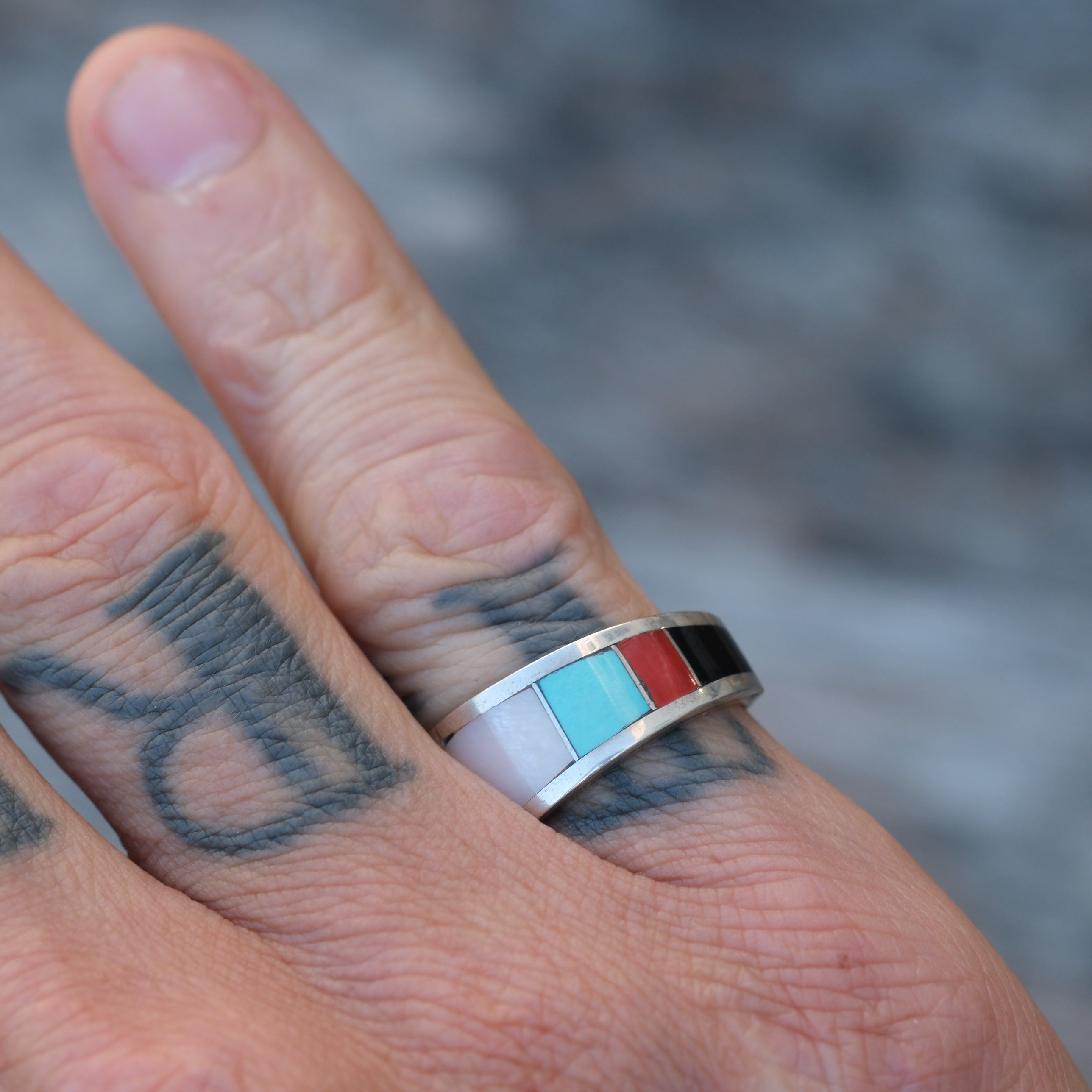 Vintage Sterling Multistone Inlay Band Ring 7