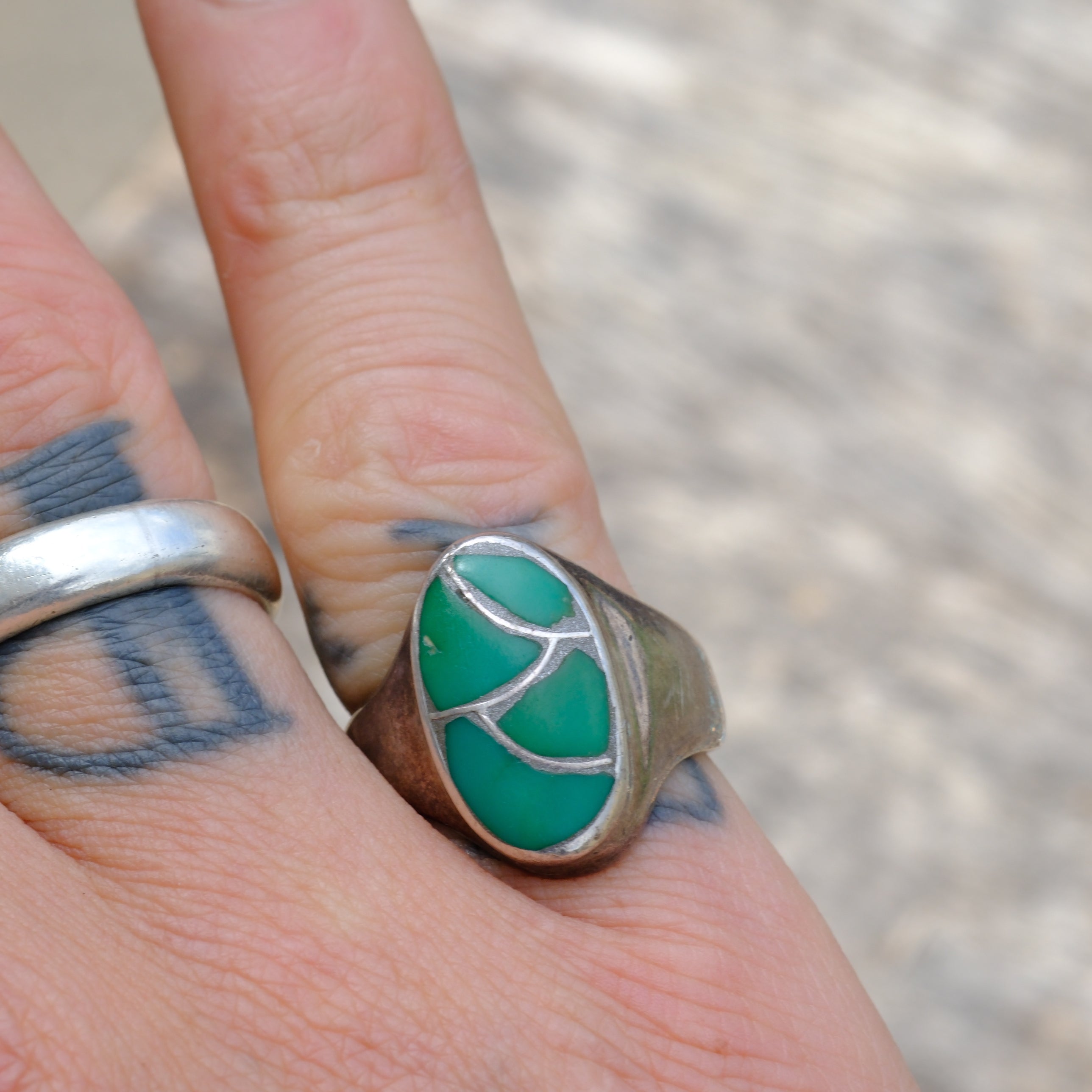 Vintage Sterling Turquoise Inlay Fishscale Ring 6.75