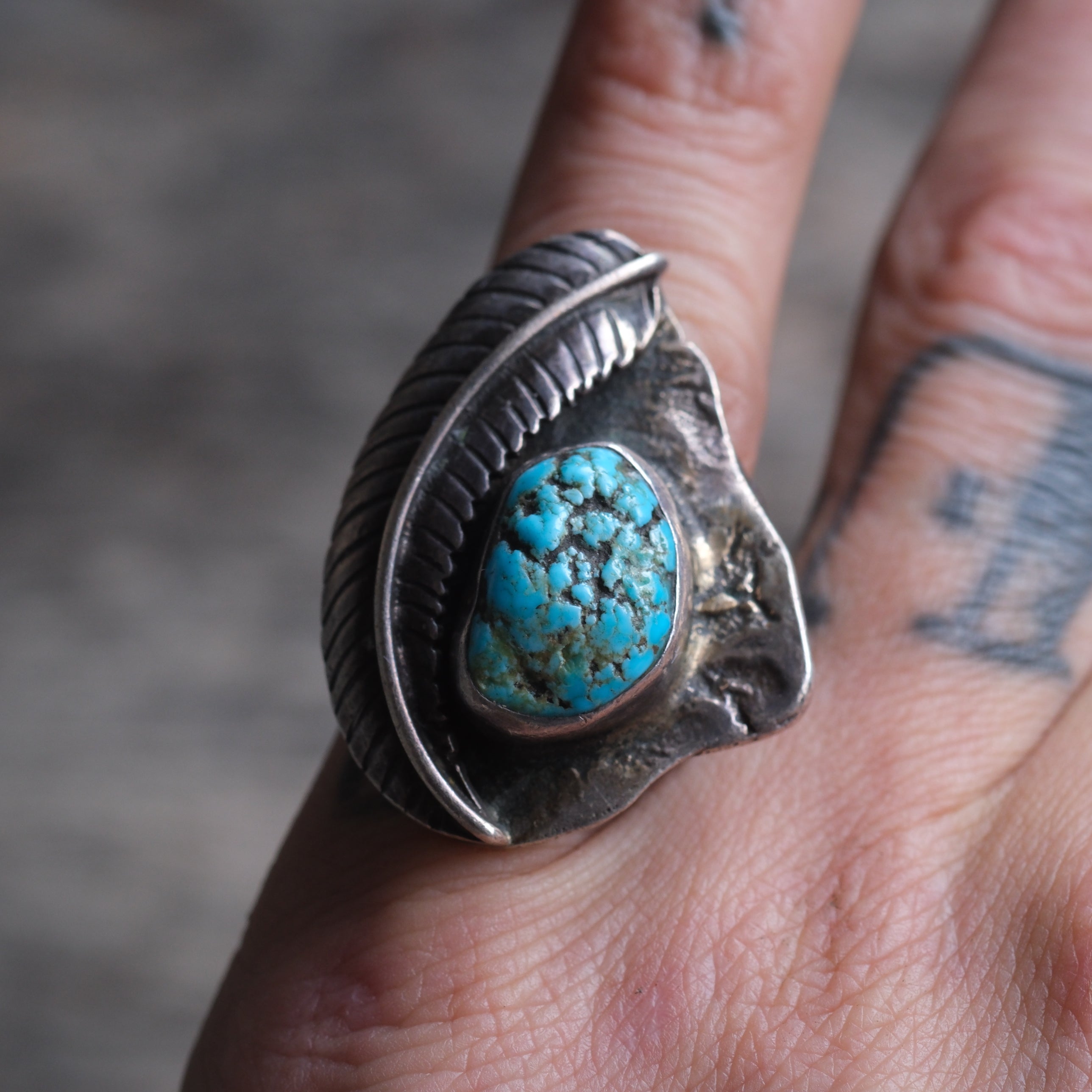 Vintage Sterling Turquoise Feather Ring 5.75