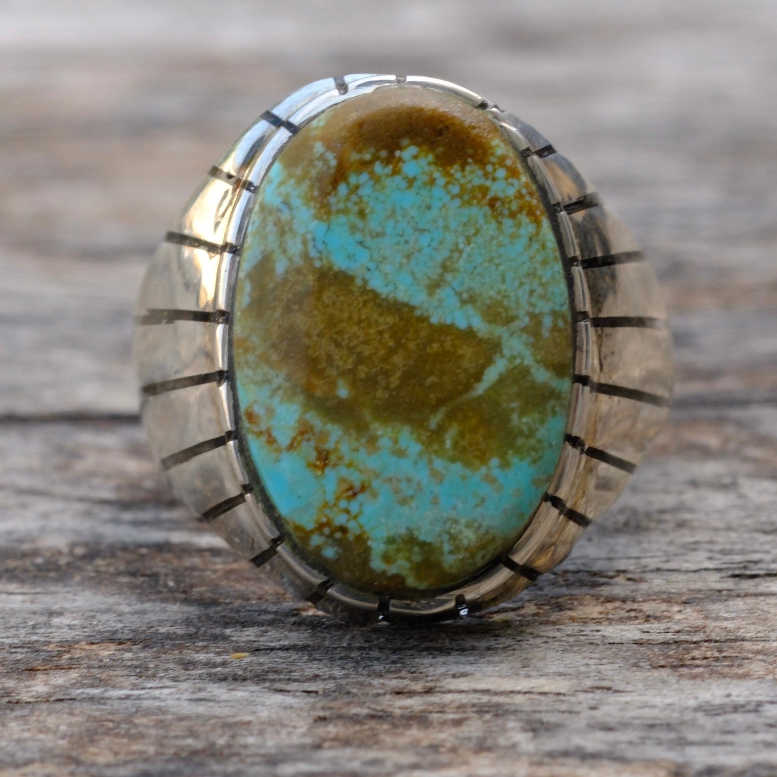 Vintage Sterling Turquoise Ribbed Band Ring 8.75