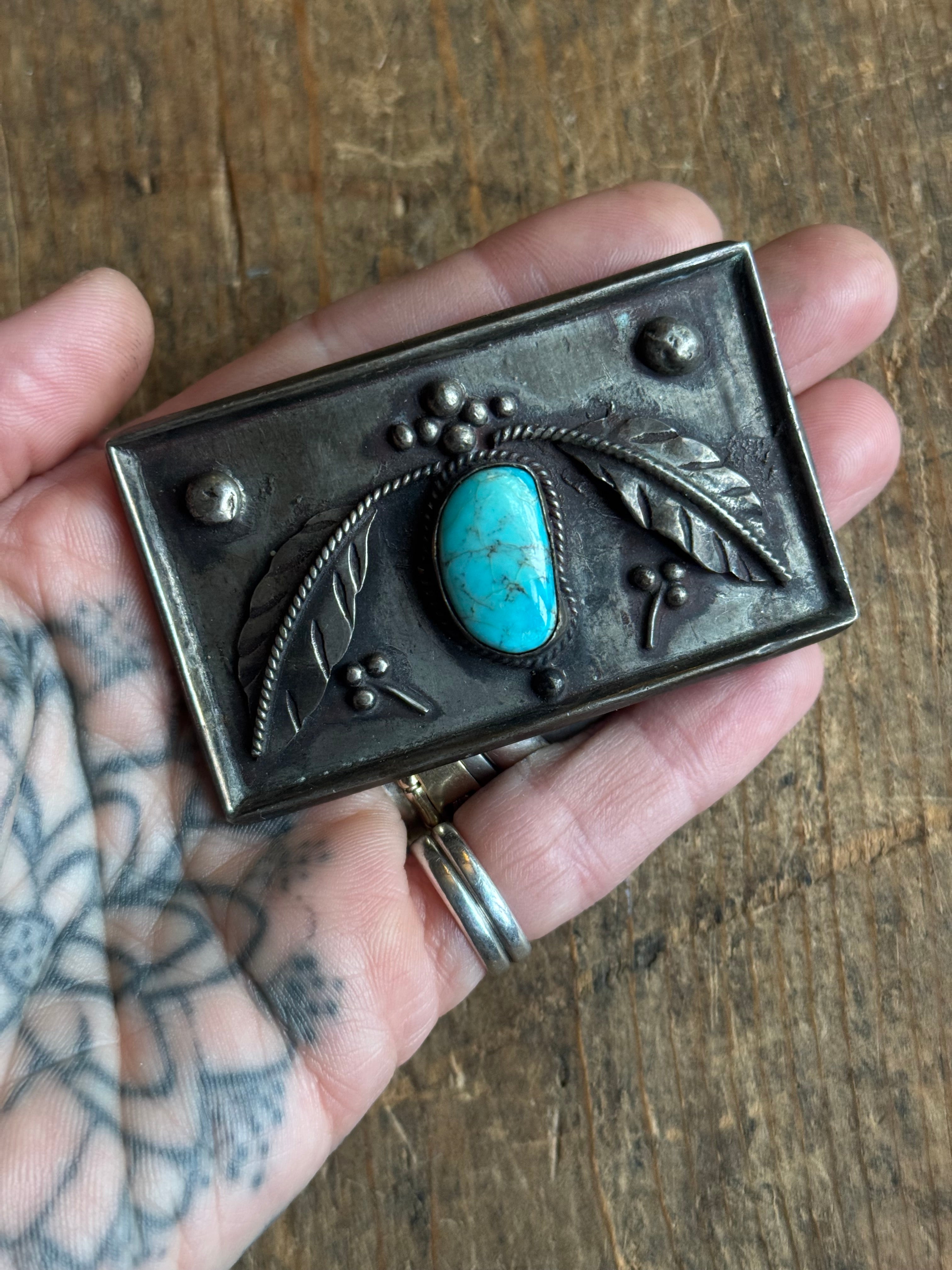 Vintage Sterling Silver Turquoise Leaf Belt Buckle