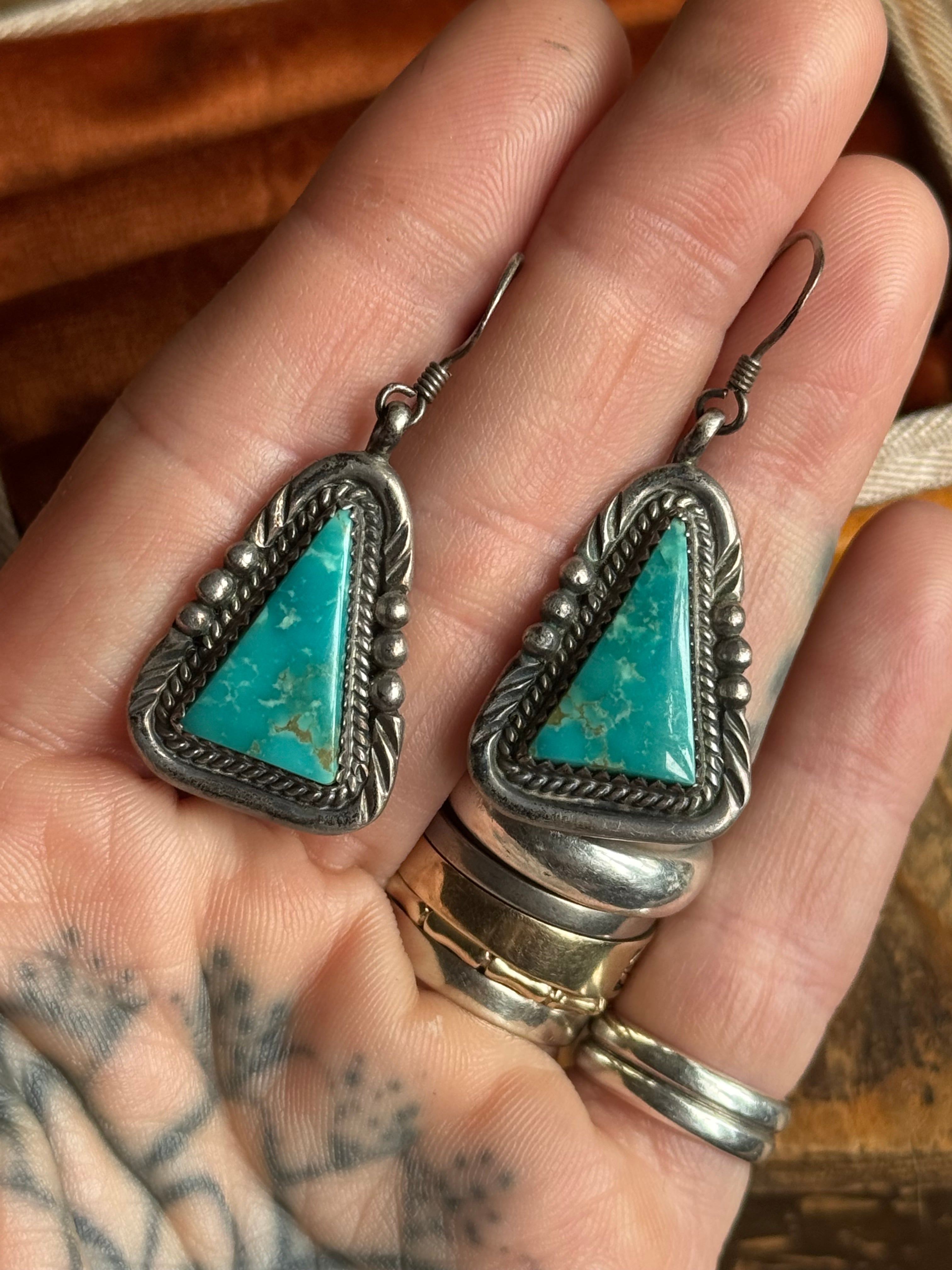 Vintage Sterling Silver Framed Turquoise Triangle Earrings