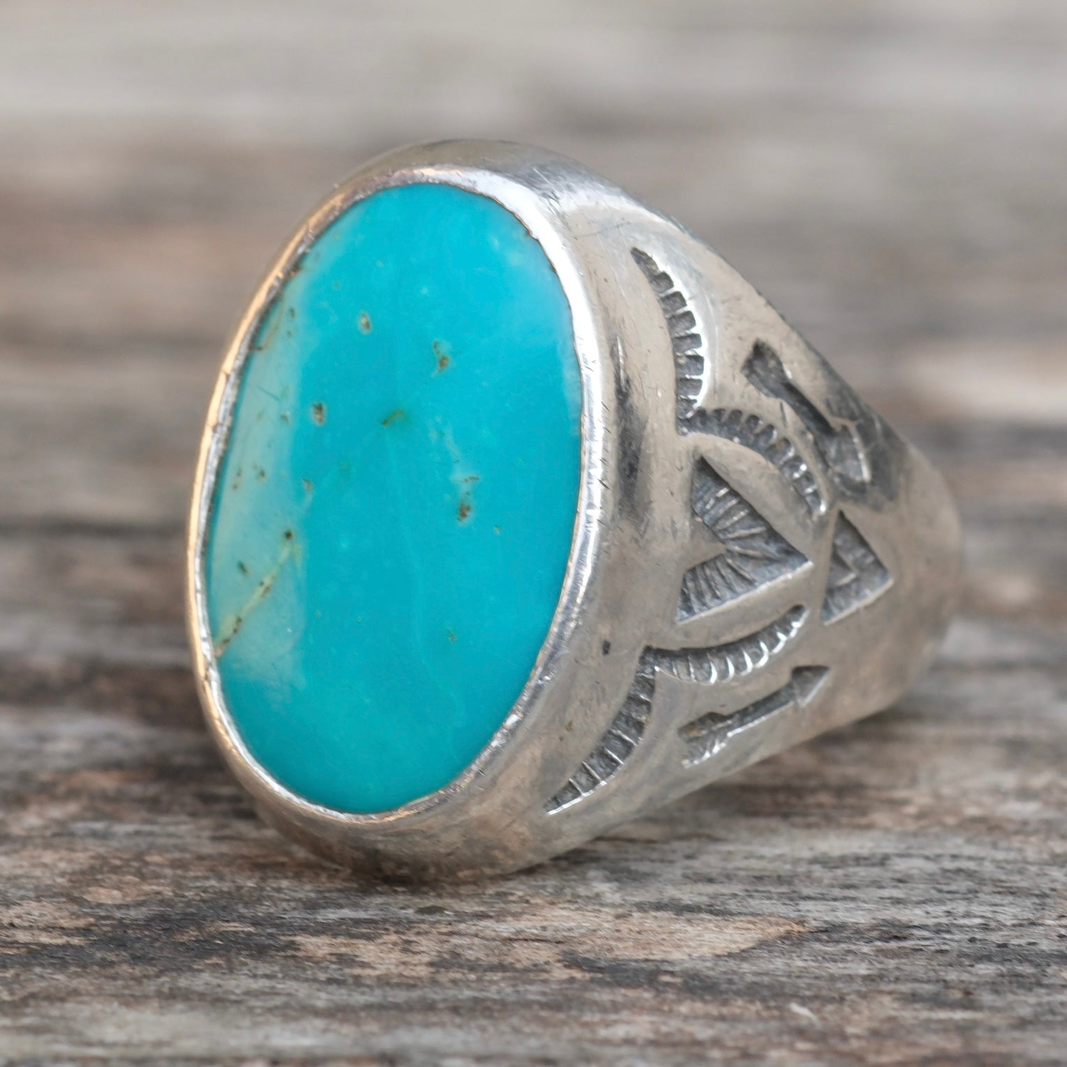 Vintage Sterling Turquoise Bells Trading Post Ring 10.75