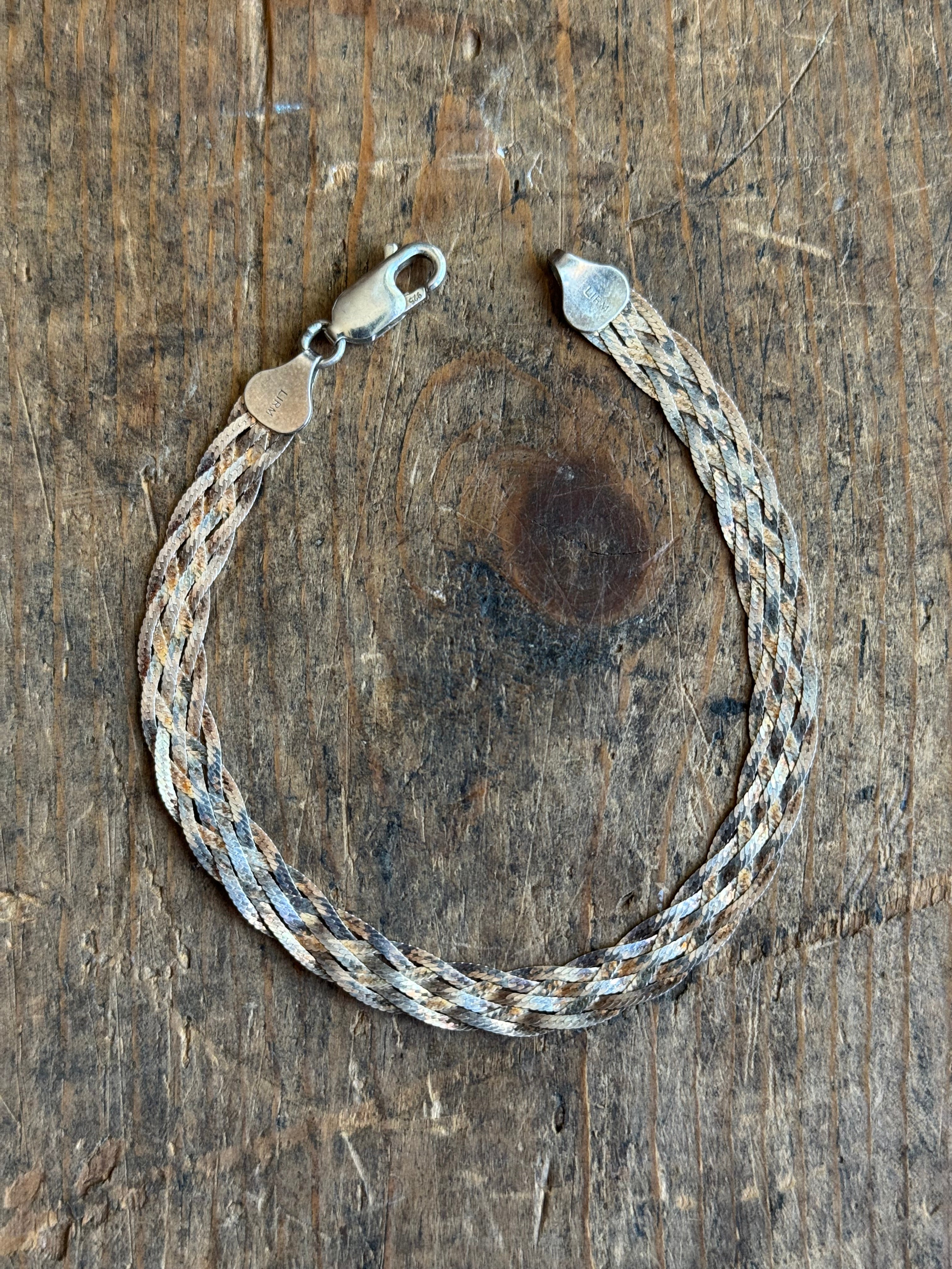 Vintage Sterling Silver Braided Herringbone Chain Bracelet 7.5"
