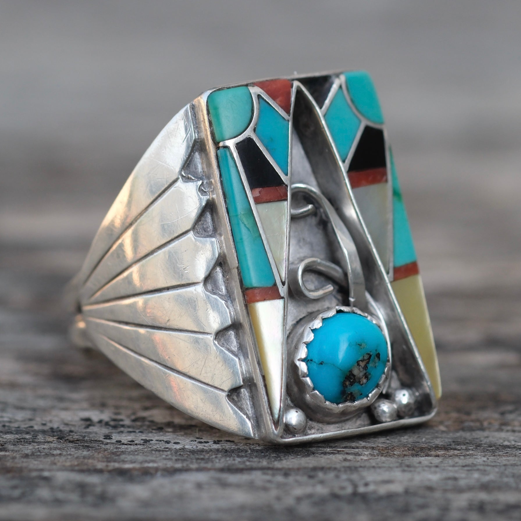 Vintage Sterling Zuni Inlay Ring 11.5
