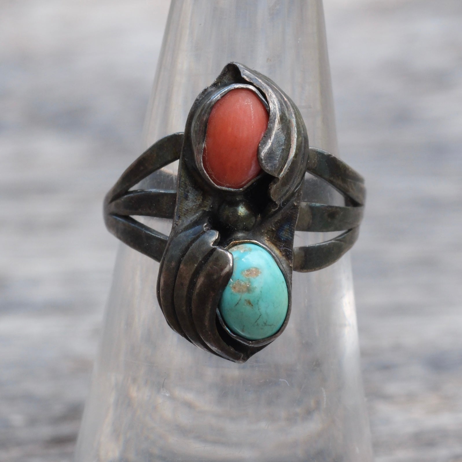 Vintage Sterling Turquoise and Coral Feather Ring 6