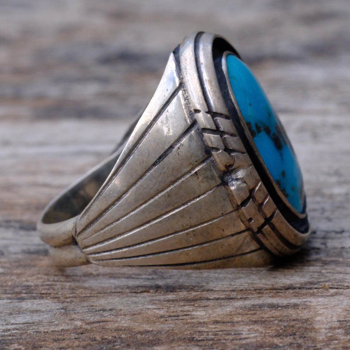 Vintage Sterling Turquoise Ribbed Band Ring 9