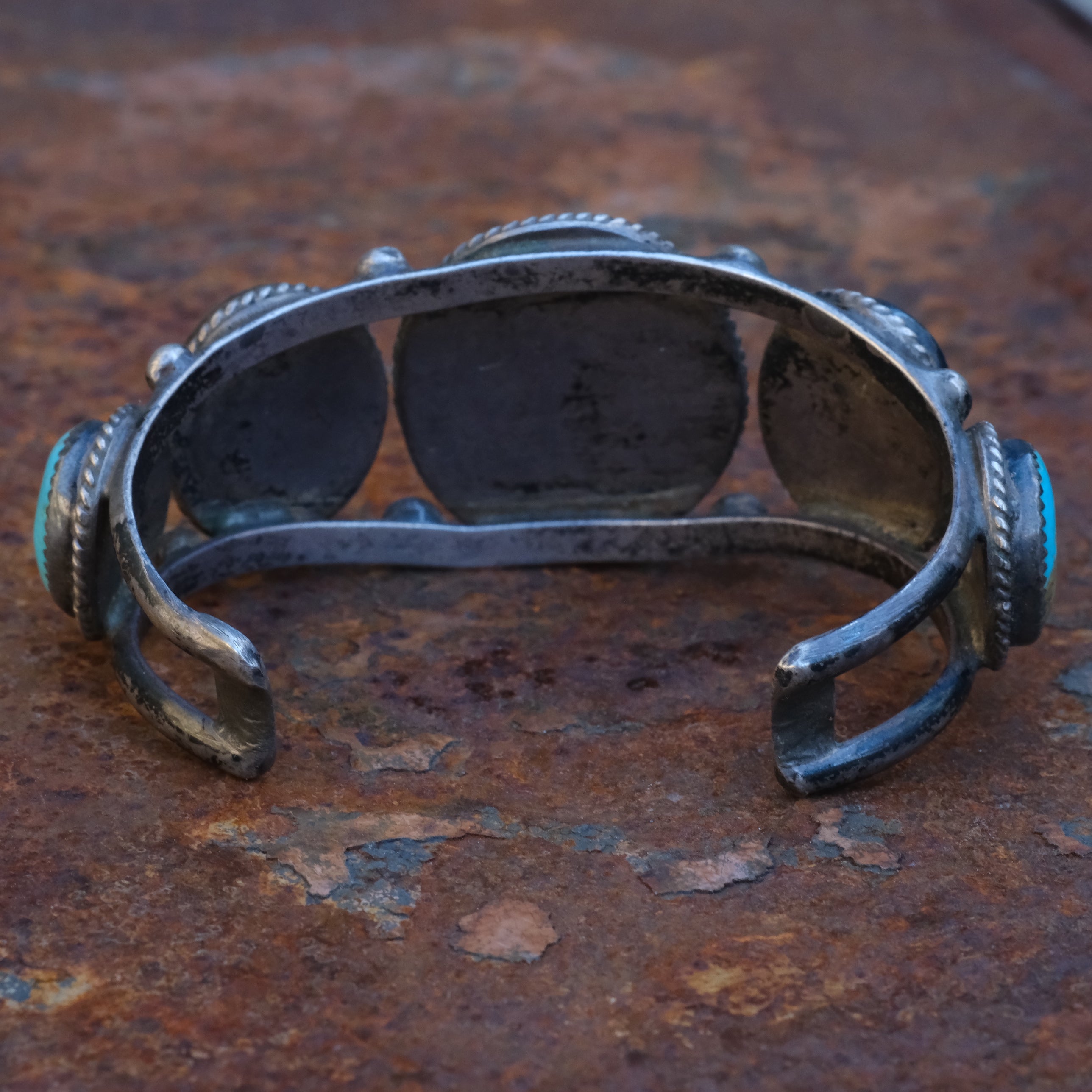 Heavy Vintage Sterling 5-Stone Turquoise Roper Cuff Bracelet