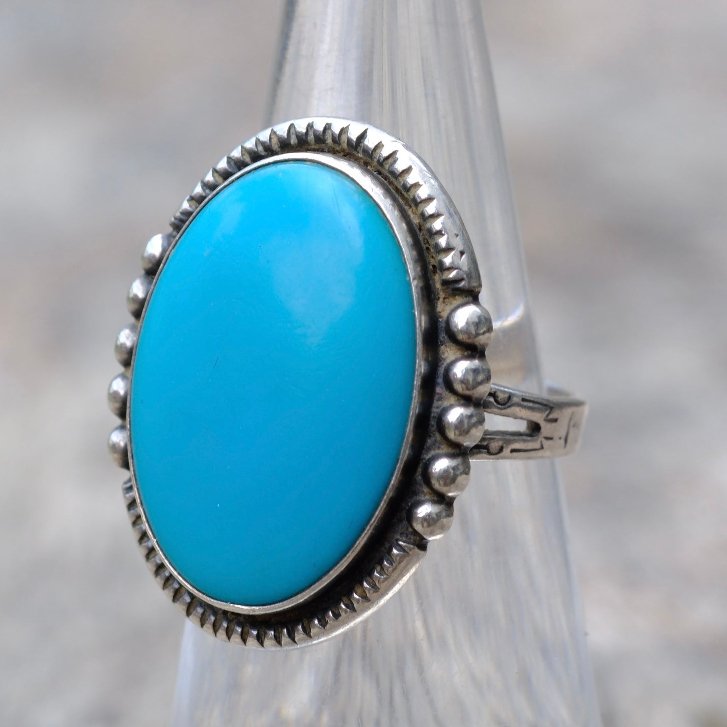 Vintage Sterling Silver Stamped Band Turquoise Roper Ring 5