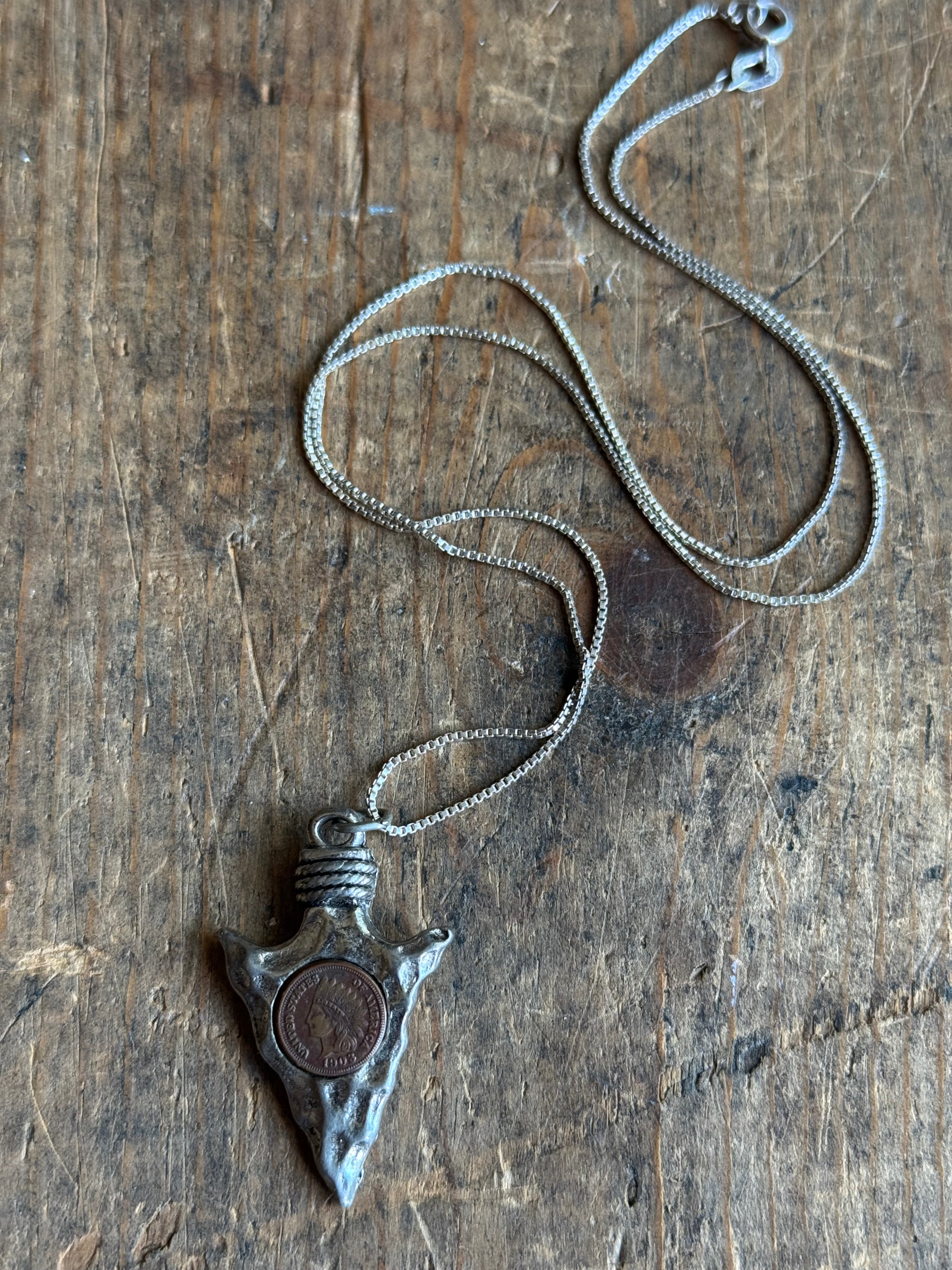 Vintage Sterling Silver Arrowhead & Copper Coin Necklace