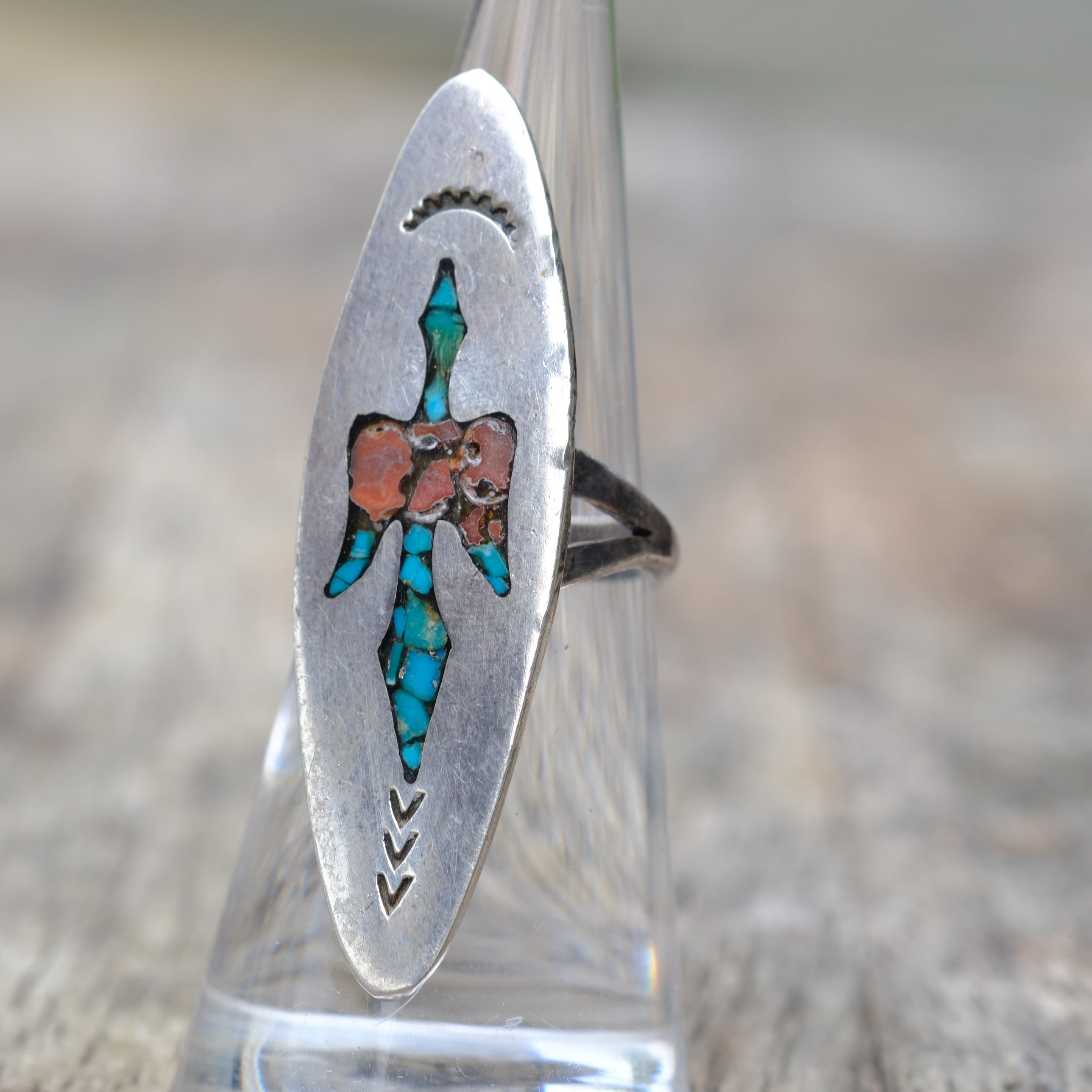 Vintage Sterling Turquoise and Coral Inlay Peyote Bird Ring 5.5