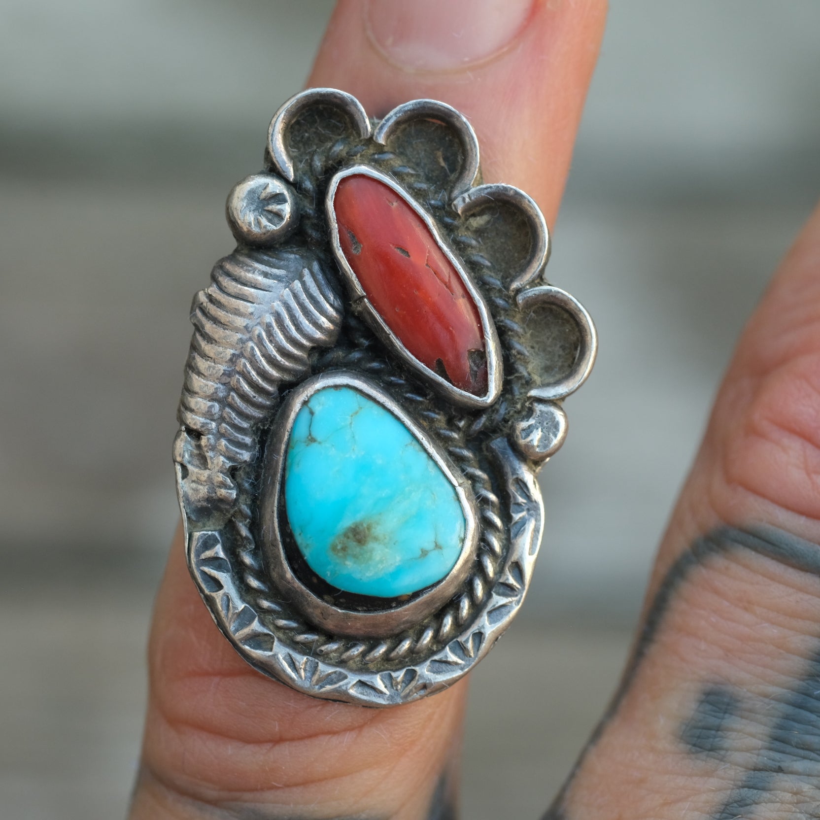 Vintage Sterling Turquoise and Coral Feather Ring 2.5