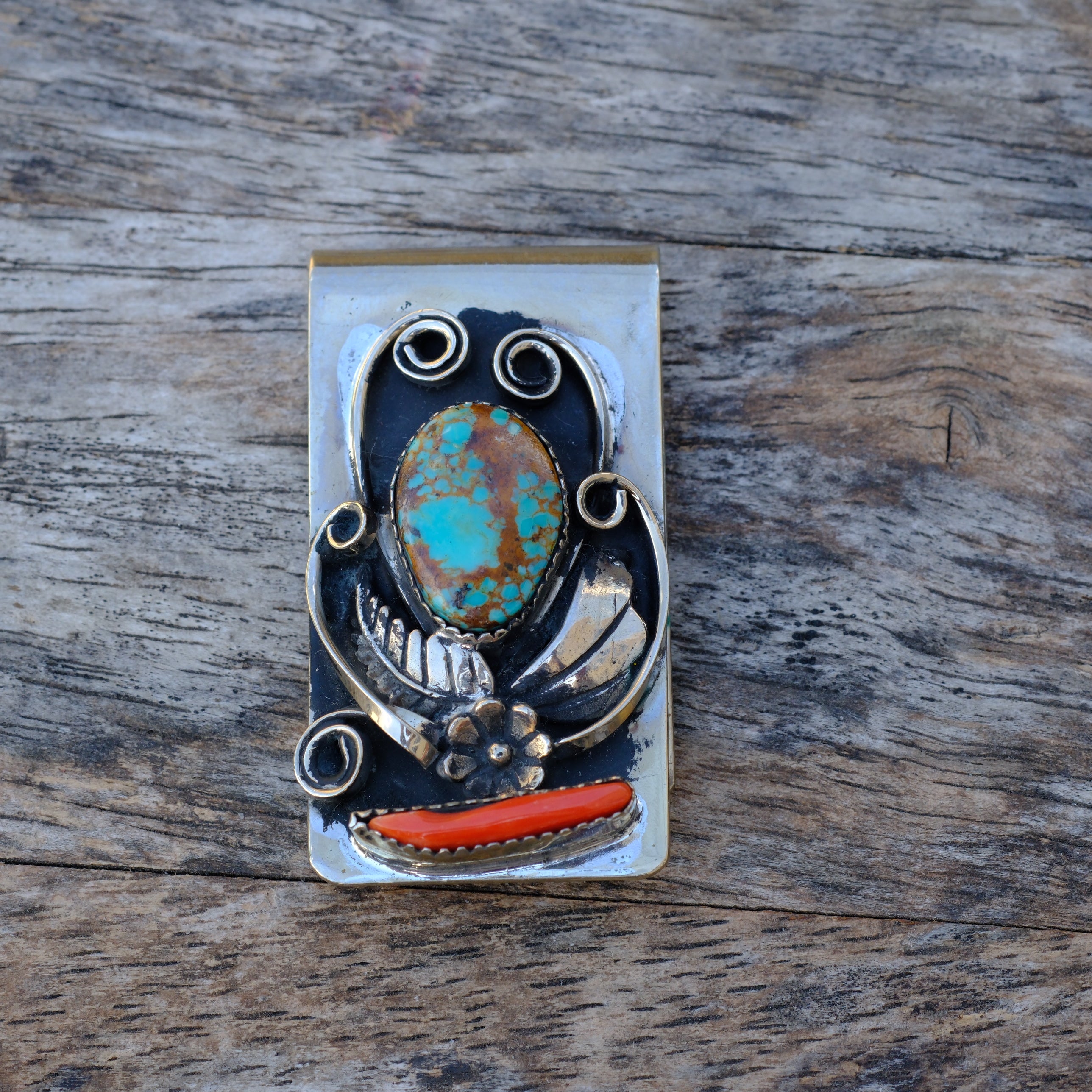 Vintage Turquoise and Coral Feather Money Clip