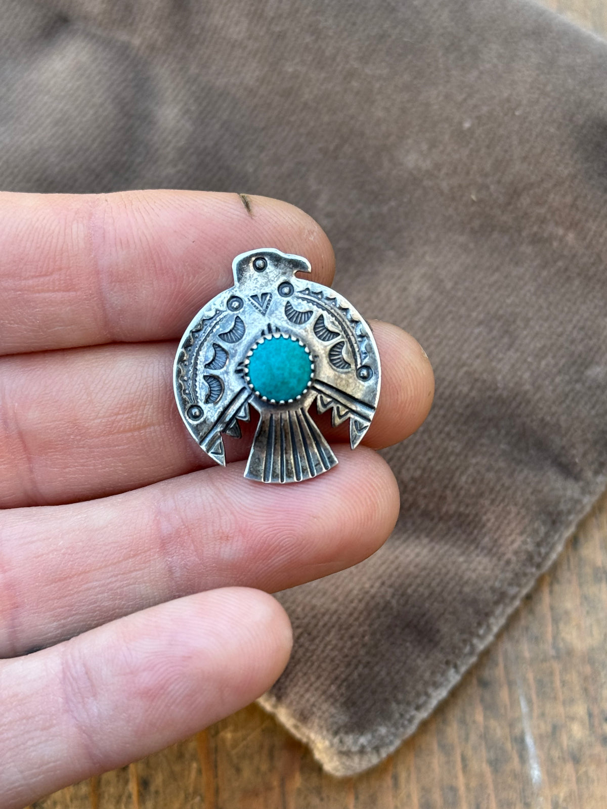 Vintage Sterling Silver Stamped Turquoise Thunderbird Pin