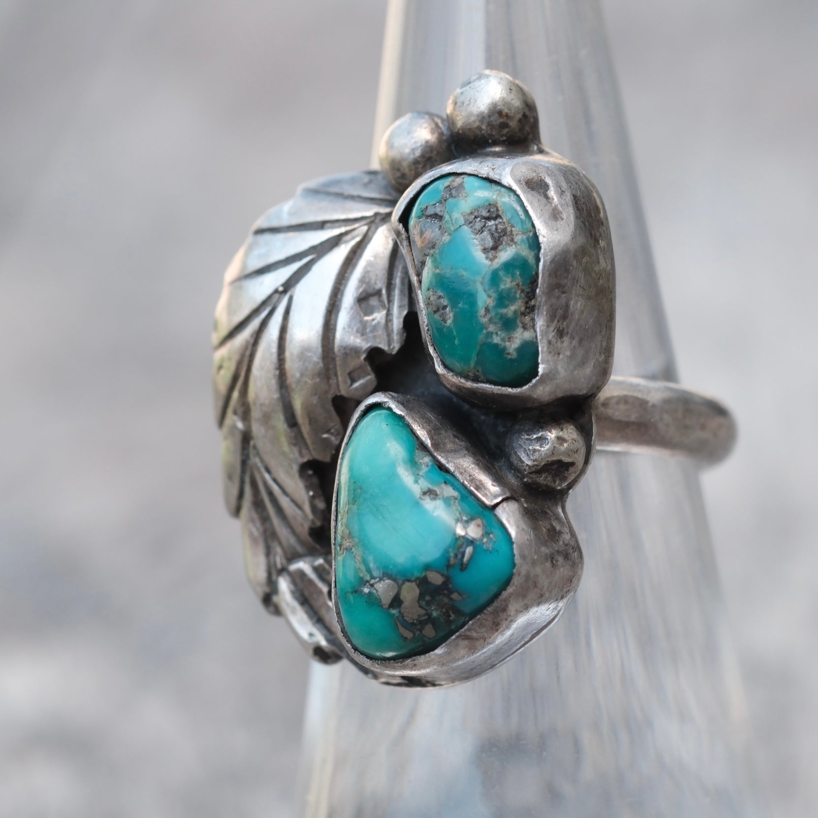 Vintage Sterling 2-Stone Turquoise Feather Ring 5.5