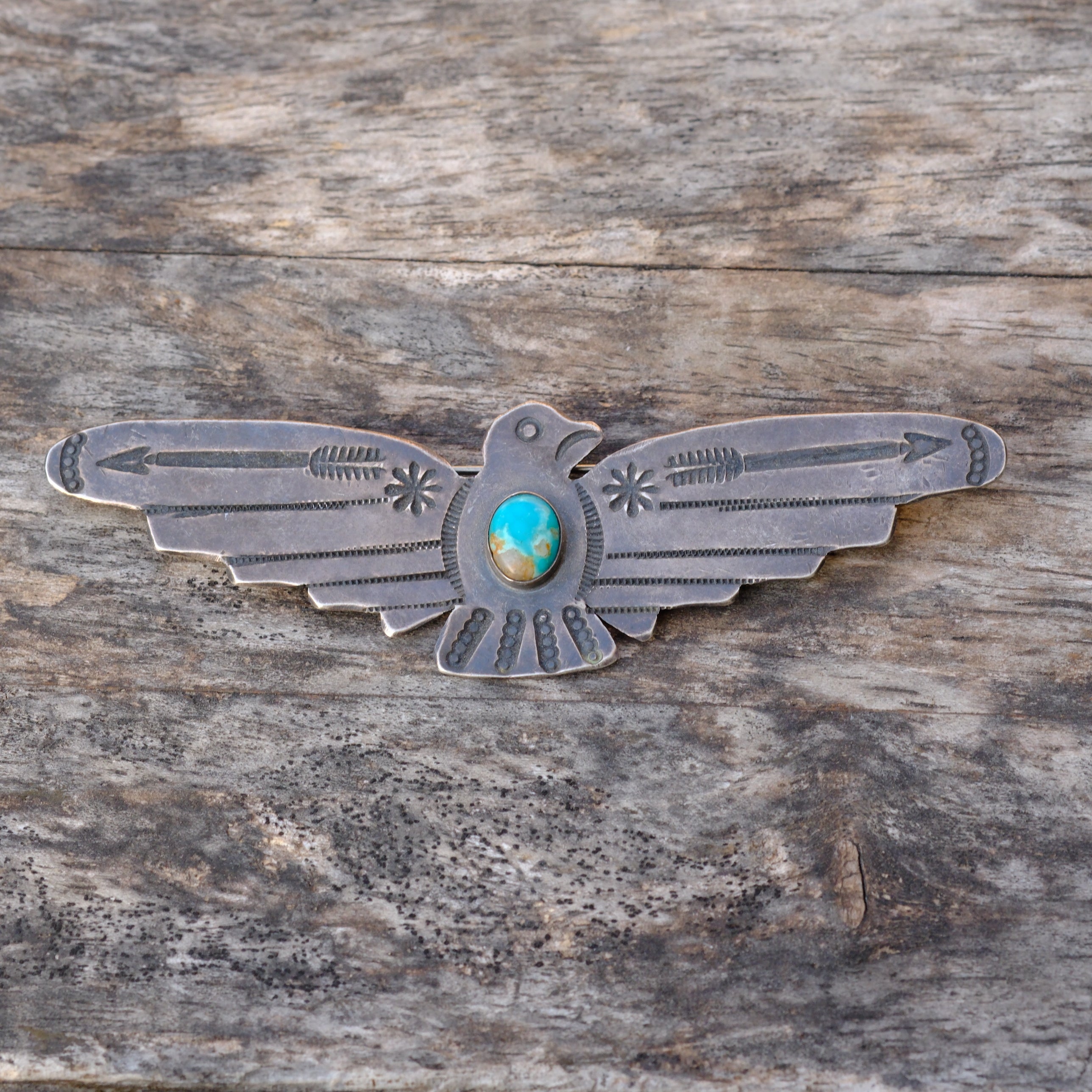 HUGE Vintage Sterling Turquoise Thunderbird Pin