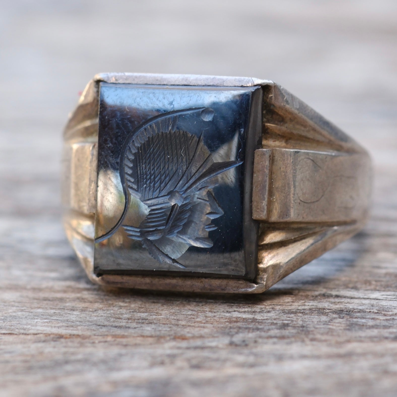 Vintage Sterling Hematite Signet Ring 8.5