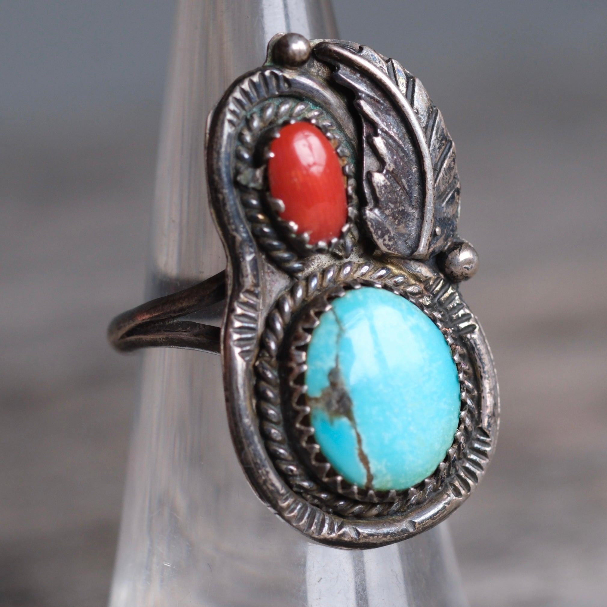 Vintage Sterling Turquoise And Coral Feather Ring 6.5