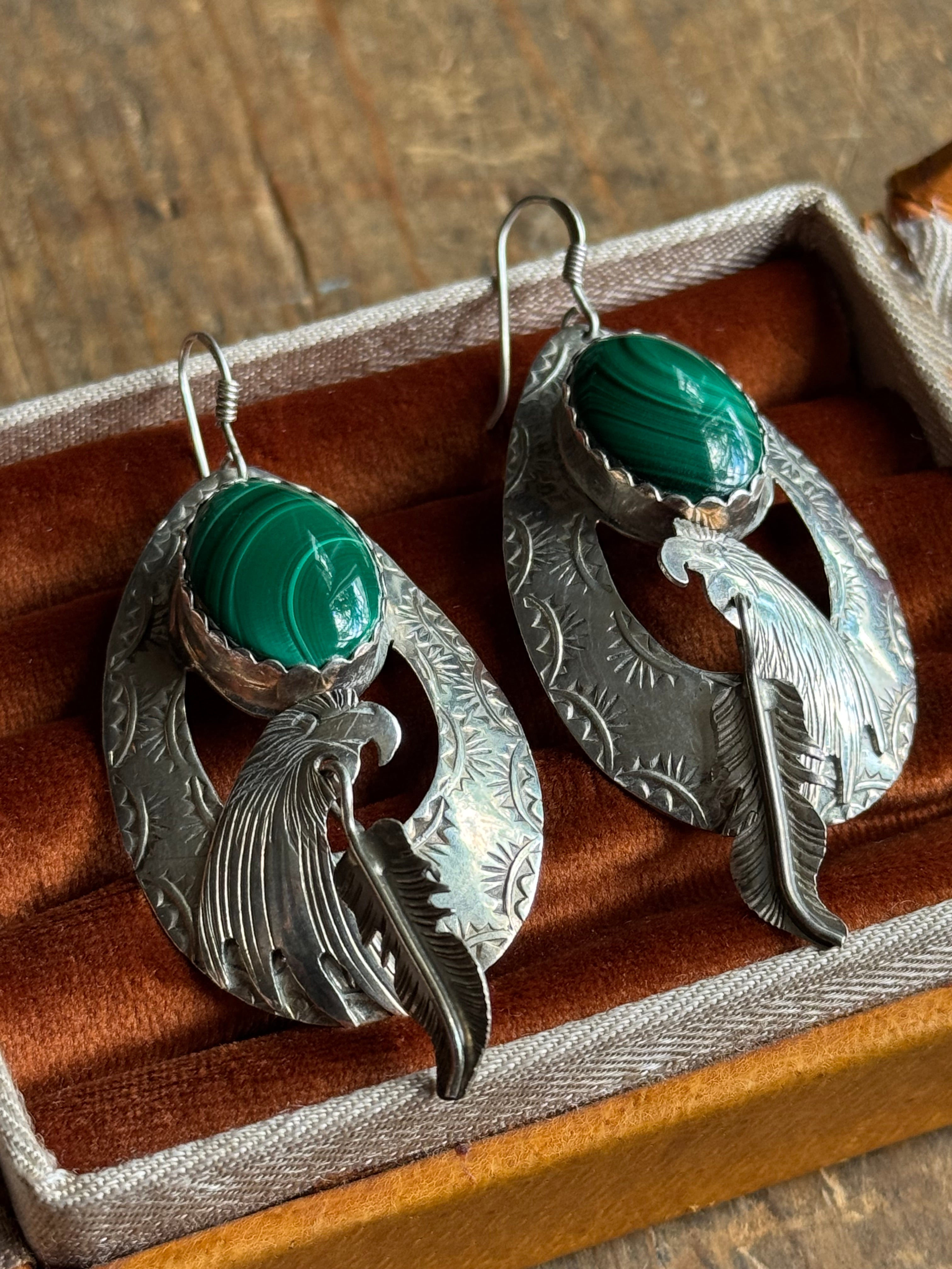 Vintage Sterling Silver Malachite Eagle Feather Earrings