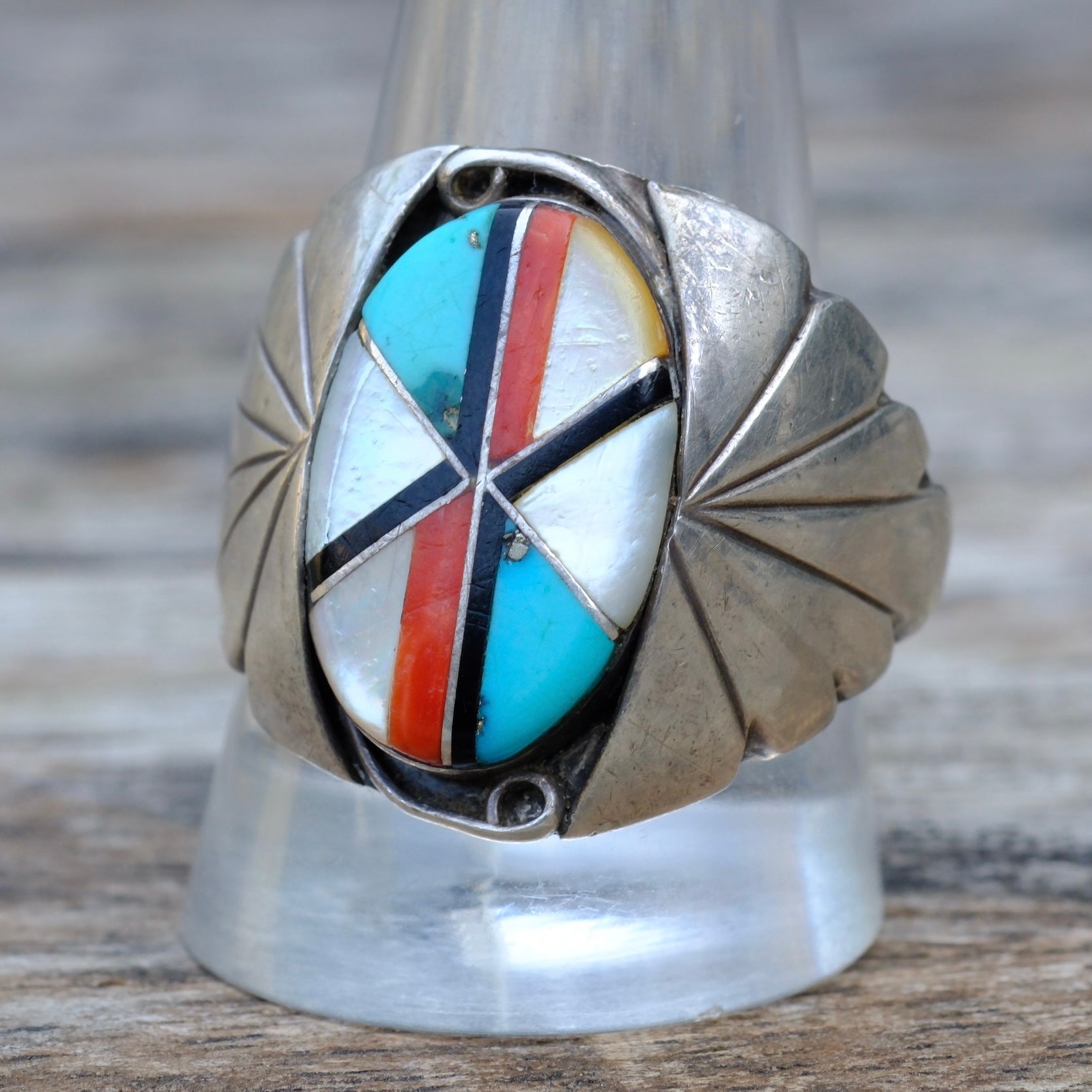 Vintage Sterling Zuni Inlay Ring 11.75