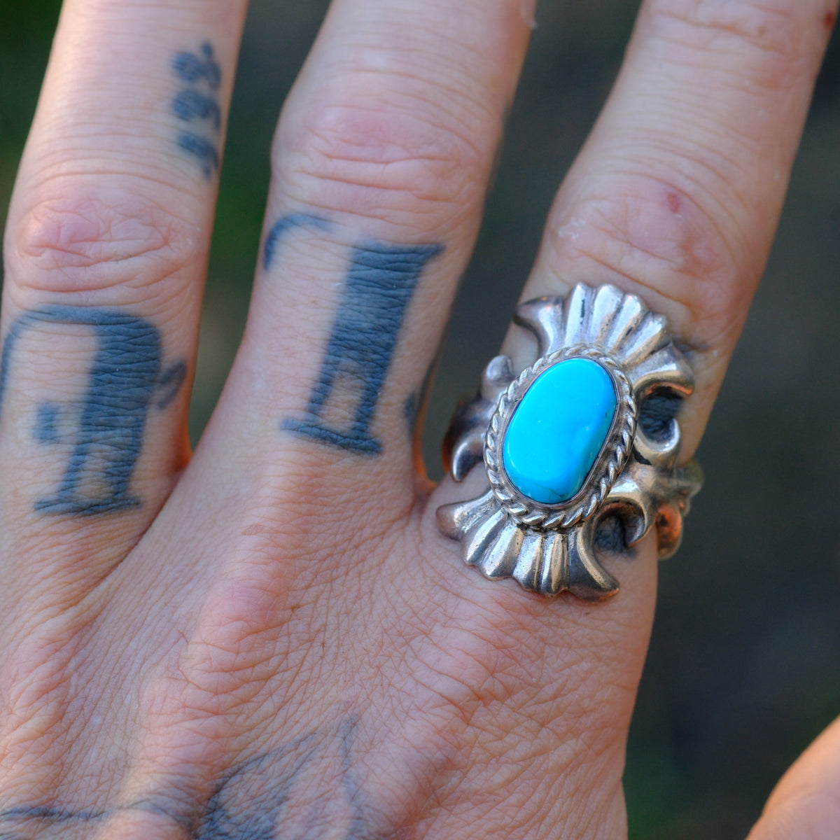 Vintage Sterling Turquoise Sandcast Ring 10.5