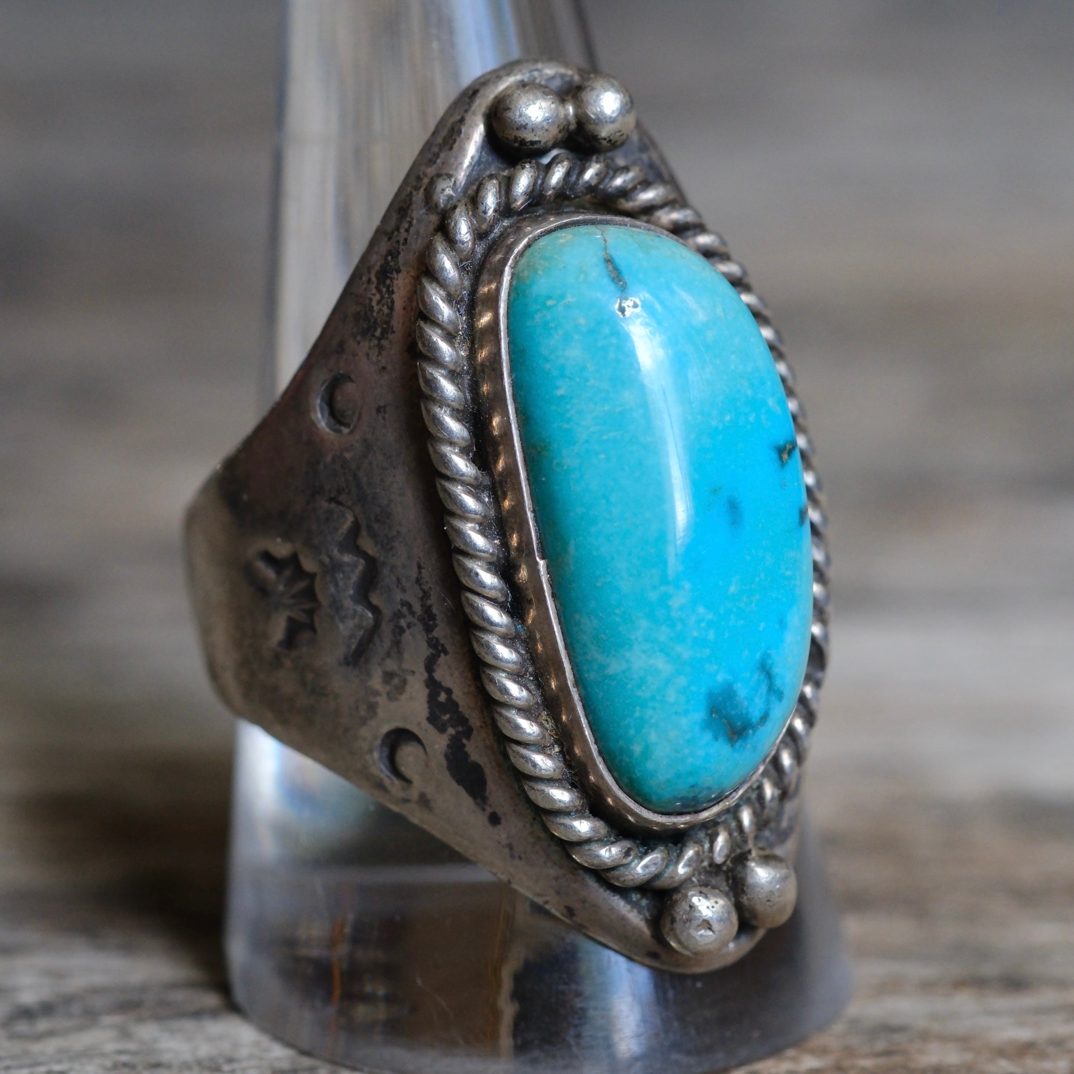 Vintage Sterling Turquoise Stamped Band Ring 10.75